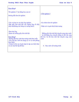 Trường THCS Phan Thúc Duyện Giáo án hóa 8
G/V Đình Hòa Trang 24
Hoạt động4
Thí nghiệm 3: Sự thăng hoa của iot
Hƣớng dẫn làm thí nghiêm
-Cho vài hạt iot vào đáy ống nghiệm
-Đặt giấy tẩm tinh bột vào miệng ống rồi đấy
chặt nút(không cho bông rơi xuống dƣới)
-Đun nhẹ ống
-Quan sát miếng giấy tẩm tinh bột
Hoạt động5
-Hƣớng dẫn học sinh làm tƣờng trình theo mẫu
-Yêu cầu học sinh rửa dụng cụ và vệ sinh phòng
thực hành
-Chuẩn bị bài sau luyện tập-ôn tập các kiến thức
và các loại bài tập đã học
3-Thí nghiệm 3
-Các nhóm làm thí nghiệm
-Nhận xét và giải thích hiện tƣợng:
Miếng giấy tẩm tinh bột chuyển sang màu xanh
Iot đã thăng hoa chuyển thẳng từ thể rắn sang
thể hơi. Iot đã làm tinh bột chuyển sang màu
xanh
4- Học sinh viết tƣờng trình
 