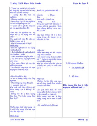 Trường THCS Phan Thúc Duyện Giáo án hóa 8
G/V Đình Hòa Trang 37
+Trong các quá trình trên nƣớc
đã thay đổi nhƣ thế náo? Có sự
thay đổi về chất không?
- Huớng dẫn HS làm thí
nghiệm:
+Hòa tan muối ăn vào nƣớc
+Dùng kẹp,kẹp1/3 ống nghiệm
và đun nóng bằng đèn cồn
=> quan sát và ghi lại bằng sơ
đồ của quá trình biến đổi
-Qua các thí nghiệm em có
nhận xét gì về trạng thái về
chất?
Các quá trình biến đổi trên gọi
là hiện tƣợng vật lí
Vậy hiện tƣợng vật lí là gì?
Hoạt động2
-Làm thí nghiệm:Sắt tác dụng
với lƣu huỳnh
1-Trộn đều bột sắt và lƣu huỳnh
và chia làm 2 phần
2-Đƣa nam châm lại gần phần 1
3-Đổ phần 2 vào ống nghiệm và
đun nóng
4-Đƣa nam châm lại gần sản
phẩm thui đƣợc
Yêu cầu học sinh nhận xét hiện
tƣợng và rút ra kết luận
-Làm thí nghiệm tiếp:
+Cho ít đƣờng trắng vào ống
nghiệm
+Đun nóng ống bằng đèn cồn
=> quan sát nhận xét
Các quá trình biến đổi trên có
hiện tƣợng vật lí không? Vì
sao?
Thông báo đó là hiện tƣợng
hóa học. Vậy hiện tƣợng hóa
học là gì?
Muốn phân biệt hiện tƣợng vật
lí với hiện tƣợng hóa học dựa
vào dấu hỉệu nào?
Hoạt động3
Sơ đồ của quá trình biến đổi:
Muối ăn  Dung
Rắn
dịch muối Muối ăn
Lỏng Rắn
Trong các quá trình trên đều có
sự thay đổi về trạng thái , hình
dạng nhƣng không có sự thay
đổi về chất
Vậy hiện tƣợng vất lí là hiện
tƣợng trong đó không có sự
biến đổi về chất
Nhận xét:
-Hỗn hợp nóng đỏ và chuyển
sang màu xám đen
-sản phẩm không bị nam châm
hút=> chứng tỏ sản phẩm không
có tính chất của sắt
Vậy quá trình biến đổi trên có
sự thay đổi chất: có chất mới
tạo ra
Nhận xét:
-Đƣờng chuyển dần sang màu
nâu rồi đen, thành ống nghiệm
có nƣớc xuất hiện
Các quá trình biến đổi trên
không phải là hiện tƣợng vật lí
vì đều có sinh ra chất mới
Hiện tựơng hóa học là hiện
tƣợng trong đó có sinh ra chất
mới
-Có xuất hiện tính chất mới
II-Hiện tƣợng hóa học:
1. Thí nghiệm: sgk
2. Kết luận:
Hiện tƣợng hóa học là hiện
tƣợng có chất mới sinh ra
 