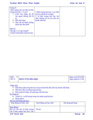 Trường THCS Phan Thúc Duyện Giáo án hóa 8
G/V Đình Hòa Trang 38
Củng cố:
Hiện tƣợng nào sau đây là hiện
trƣợng hóa học ? vì sao?
1- Cuốc làm bằng sắt để
lâu ngoài không khí bị
gỉ
2- Đốt cháy than
3- Dây sắt cắt thành những
đoạn nhỏ làm đinh
Dặn dò:
Bài tập 1,2,3 sgk trang47
Chuẩn bị bài phản ứng hóa học
1-Hiện tƣợng hóa học vì có chất
mới tao thành đó là lớpgỉ
2- là hiện tƣợng hóa học tan
cháy không còn là tan nữa tạo
thành chất khí
Tuần 9
Tiết 18 PHẢN ỨNG HÓA HỌC
Ngày soạn:28/10/06
Ngày giảng:4/11/06
I.Mục tiêu:
 Biết đƣợc phản ứng hóa học là quá trình biến đổi chất này thành chất khác
 Biết bản chất của phản ứng hóa học
 Rèn luyện kĩ năng viết phƣơng trình hóa học
II.Chuẩn bị:
 Tranh vẽ : sơ đồ tƣợng trƣng cho phản ứng hóa học
 Bảng nhóm
III.Các hoạt động dạy học:
Hoạt độngcủa Giáo viên Hoạt động của học sinh Nội dung ghi bảng
Hoạt động1
Bài cũ: thế nào là hiện tƣợng
vật lí hiện tƣợng hóa học? cho
Trả lời
 