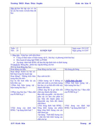 Trường THCS Phan Thúc Duyện Giáo án hóa 8
G/V Đình Hòa Trang 49
Tuần : 12
Tiết : 24 LUYỆN TẬP
Ngày soạn :29/11/07
Ngày giảng :6/12/07
I -Mục tiêu : Giúp học sinh nắm đƣợc :
 Củng cố khái niệm về hiện tƣợng vật lí , hóa học và phƣơng trình hóa học
 Rèn luyện kĩ năng lậpCTHH và PTHH
 Áp dụng định luật BTKL để làm bài tập định tính và định lƣợng
II-Chuẩn bị :Bảng phụ , phiếu học tập,hệ thống câu hỏi
III-Các hoạt động dạy học :
Hoạt động của thầy Hoạt động của học sinh Nội dung ghi bảng
Hoạt động1 :Kiểm tra bài cũ :
Kết hợp trong bài luyện tập
Hoạt động2 : Những kiến thức
trọng tâm cần nhớ :
Gọi hs lần lƣợt nhắc lại các
kiến thức sau :
1-Phân biệt hiện tƣợng vật ,
hiện tƣợng hóa học ?
2-Phản ứng hóa học ? Bản chất
của PƢHH là gì ?
3-Nội dung của dịnh luật
BTKL ? áp dụng định luật ?
Học sinh trả lời :
1.Hiện tƣợng vật lí không có
chất mới sinh ra còn hiện tƣợng
hóa học có sự biến đổi chất này
thành chất khác
2.Phản ứng hh là q/t biến đổi
chất này thành chất khác
Bản chất của pƣhh : chỉ liên kết
giữa các n/t làm cho phân tử
này biến đổi thành phân tử
khác(chất này biến đổi thành
chất khác)
3.Nội dung định luật BTKL :
Tổng khối lƣợng sản phẩm
bằng tổng khối lƣợng của các
chất tham gia
-Áp dụng : Tính khối lƣợng của
1 chất khi biết khối lƣợng các
chất còn lại
I- Kiến thức cần nhớ :
1-Phân biệt hiện tƣợng vật ,
hiện tƣợng hóa học ?
2-Phản ứng hóa học ? Bản chất
của PƢHH là gì ?
3-Nội dung của định luật
BTKL ? áp dụng định luật ?
Dặn dò:làm bài tập vào vở -ôn
lại các bài trƣớc và kiến thức đã
học
 