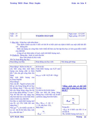 Trường THCS Phan Thúc Duyện Giáo án hóa 8
G/V Đình Hòa Trang 61
Tuần : 15
Tiết : 29 TỈ KHỐI CHẤT KHÍ
Ngày soạn : 12/12/07
Ngày giảng :19/12/07
I -Mục tiêu : Giúp học sinh nắm đƣợc :
-Xác định tỉ khối của khí A đối với khí B và biết cách xác định tỉ khối của một chất khí đối
với không khí
-Biết vận dụng các công thức tính tỉ khối để làm các bài tập hóa học có liên quan đến tỉ khối
của chất khí
-Củng cố các khái niệm về mol, cách tính khối lƣợng mol...
II-Chuẩn bị : Bảng phụ . hình vẽ cách thu khí
Học sinh chuẩn bị bài ở nhà
III-Các hoạt động dạy học :
Hoạt động của thầy Hoạt động của học sinh Nội dung ghi bảng
Hoạt động1 :Kiểm tra bài cũ :
cho biết công thức tính khối
lƣợng của lƣợng chất và biến
đổi ? yều cầu ghi công thức lên
bảng
Hãy tính khối lƣợng của
0,25mol NaOH
Hoạt động2 :
Nêu vấn đề : Ngƣời ta bơm chất
khí gì vào bong bóng để nó bay
lên không đƣợc ? Nếu em thổi
khí cho bông bóng căng lên thì
nó có bay đƣợc không ? vì sao ?
Vậy để biết khí này nặng hay
nhẹ hơn khí kia ta tìm hiểu khái
niệm tỉ khối của chất khí.
Em hãy so sánh khối lƣợng mol
của H2 với CO2 ?chất khí nào
nặng hơn ?
Nếu gọi
dA
/B là tỉ khối của khí A
so với khí B thì biểu thức tính
dA/B nhƣ thế nào ?
H S trả lời
Tính khối lƣợng của 0,25 mol
NaOH
mNaOH= n.M =0,25.40 =10(g)
Trả lời :
Có thể trả lời là khí hidro
Nếu em thổi...thì bong bóng
không bay vì khí thổi vào là khí
cacbonic nặng hơn khí hidro.
MH2 : MCO2 = 2 : 44 < 1
=> H2 nhẹ hơn CO2
Biểu thức :
MA
dA/B
= ------
I-Bằng cách nào có thể biết
đƣợc khí A nặng hay nhẹ hơn
khí B ?
MA
dA/B
= ------
MA
Trong đó :
- dA/B là tỉ khối của khí A so
với khí B
-MA là khối lƣợng mol của A
 