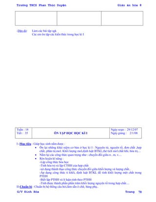 Trường THCS Phan Thúc Duyện Giáo án hóa 8
G/V Đình Hòa Trang 70
-Dặn dò: Làm các bài tập sgk
Các em ôn tập các kiến thức trong học kì I
Tuần : 18
Tiết : 35 ÔN TẬP HỌC HỌC KÌ I
Ngày soạn : 29/12/07
Ngày giảng : 2/1/08
I -Mục tiêu : Giúp học sinh nắm đƣợc :
 Ôn lại những khái niệm cơ bản ở học kì I : Nguyên tử, nguyên tố, đơn chất ,hợp
chất, phân tử,mol. Khối lƣợng mol,dịnh luật BTKL,thẻ tích mol chất khí, hóa trị....
 Nắm lại các công thức quan trọng nhƣ : chuyển đổi giữa n , m, v....
 Rèn luyện kĩ năng :
-Lập công thức hóa học
-Tính hóa trị và lập CTHH của hợp chất
-xử dụng thành thạo công thức chuyển đổi giữa khối lƣợng và lƣợng chất..
-Áp dụng công thức tỉ khối, định luật BTKL để tính khối lƣợng một chất trong
PTHH
-Biết lập PTHH và lí luận tính theo PTHH
-Tính đƣợc thành phần phần trăm khối lƣợng nguyên tố trong hợp chất....
II-Chuẩn bị : Chuẩn bị hệ thống câu hỏi,làm s n ô chữ, bảng phụ..
 