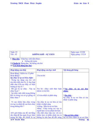 Trường THCS Phan Thúc Duyện Giáo án hóa 8
G/V Đình Hòa Trang 86
Tuần :22
Tiết : 43 KHÔNG KHÍ – SỰ CHÁY
Ngày soạn :3/2/08
Ngày giảng :13/2/8
I -Mục tiêu : Giúp học sinh nắm đƣợc :
 Giống tiết trƣớc
II-Chuẩn bị :Bảng phụ , hệ thống câu hỏi
III-Các hoạt động dạy học :
Hoạt động của thầy Hoạt động của học sinh Nội dung ghi bảng
Hoạt động1 :Kiểm tra 15 phút
Hoạt động2 :
Sự cháy và sự oxi hóa chậm :
Trong tác dụng của ôxi với
các đơn chất nhƣ Fe, S..hay hợp
chất nhƣ CH4,em thấy có hiện
tƣợng gì xảy ra ?
Đó gọi là sự cháy . Vậy sự
cháy là gì ?
Sự cháy một chất trong không
khí và trong oxi có gì giống và
khác nhau ?
Vì sao nhiên liệu cháy trong
oxi tạo ra nhiệt độ cao hơn cháy
trong không khí ?
-GV giới thiệu các đồ vật bằng
sắt, thép để lâu ngày bị gỉ, hiện
tƣợng hô hấp, đó chính là sự
2 hs trả lời
Trả lời : (Học sinh thảo luận
nhóm và trả lời)
-Có tỏa nhiệt và phát sáng
-Sự cháy là sự oxi hóa có tỏa
nhiệt và phát sáng
-Giống : Đều là sự oxi hóa
-Khác : Cháy trong oxi xảy ra
mạnh hơn và tỏa nhiệt lớn hơn
-Do chất cháy tiếp xúc với oxi
nhiều hơn và phần nhiệt tỏa ra
không bị tiêu hao để đốt nóng
II.Sự cháy và sự oxi hóa
chậm :
1)Sự cháy :
Sự cháy là sự oxi hóa có tỏa
nhiệt và phát sáng
2)Sự oxi hóa chậm :
Sự oxi hóa chậm là sự oxi hóa
 