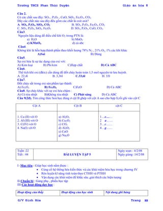 Trường THCS Phan Thúc Duyện Giáo án hóa 8
G/V Đình Hòa Trang 88
Câu 2.
Có các chất sau đây: SO3 , P2O5 , CuO, SiO2, Fe2O3, CO2.
Dãy các chất nào sau đây đều gồm các chất là oxit axit?
A. SO3, P2O5, SiO2, CO2 B. SO3, P2O5, Fe2O3, CO2
C. SO3, P2O5, SiO2, Fe2O3 D. SO3, P2O5, CuO, CO2.
Câu3.
Nguyên liệu dùng để điều chế khí O2 trong PTN là:
a) H2O b) MnO2
c) KMnO4 d) cả abc
Câu4.
Không khí là hỗn hợp,thành phần theo khối lƣợng 78% N2 , 21% O2, 1% các khí khác
A)Sai B) Đúng
Câu5.
Sự oxi hóa là sự tác dụng của oxi với:
A) Kim loại B) Phi kim C)Hợp chất D) Cả ABC
Câu6.
Thể tích khí oxi (đktc) cần dùng để đốt cháy hoàn toàn 1,5 mol nguyên tử lƣu huỳnh.
A. 22,4l B. 3,36l C.33,6l D. 33l
Câu7.
Đốt cháy sắt trong oxi sản phẩm tạo thành:
A) Fe2O3 B) Fe3O4 C)FeO D) Cả ABC
Câu8. Sự cháy khác với sự oxi hóa chậm :
A) Có tỏa nhiệt B)Không tỏa nhiệt C) Phát sáng D) Cả ABC
Câu 9(2đ). Tìm công thức hoá học đúng ở cột B ghép với cột A sao cho hợp lí,rồi ghi vào cột C
Cột A Cột B cột C
1. Cu (II) với O
2. Al (III) với O
3. C(IV) với O
4. Na(I) với O
a) Al2O3
b) Cu2O2
c) CO2
d) Al3O2
e) CuO
g) Na2O
1…e……
2 a……
3…c……
4…g……
Tuần :22
Tiết : 44 BÀI LUYỆN TẬP 5
Ngày soạn : 4/2/08
Ngày giảng :14/2/08
I -Mục tiêu : Giúp học sinh nắm đƣợc :
 Củng cố hệ thống hóa kiến thức và các khái niệm hóa học trong chƣơng IV
 Rèn luyện kĩ năng tính toán theo CTHH và PTHH
 Vận dụng các khái niệm để khắc sâu ,giải thích các hiện tƣợng
II-Chuẩn bị : Gảng phụ , phiếu học tập
III-Các hoạt động dạy học :
Hoạt động của thầy Hoạt động của học sinh Nội dung ghi bảng
 