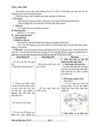 Tổ Lý – Hoá - Sinh
- Giải thích tại sao bên cạnh những loài có tổ chức cơ thể phức tạp vẫn còn tồn tại
những loài có cấu trúc khá đơn giản .
- Trình bày được một số nghiên cứu thực nghiệm về tiến hoá.
2. Kỹ năng :
- Rèn luyện kỹ năng so sánh , phân tích , tổng hợp, hệ thống hóa kiến thức .
- Rèn kỹ năng làm việc độc lập với SGK, thảo luận nhóm.
3 . Thái độ :
Có ý thức bảo vệ sự đa dạng sinh học.
II. Phương tiện :
Hình 31.1, 31.2 SGK
IV. Tiến trình bài mới:
1. Ổn định lớp
2. Kiểm tra bài cũ:
- Giải thích cơ chế hình thành loài bằng con đường đa bội hoá ?
- Từ 1 loài SV không có sự cách li địa lí có hình thành nên các loài khác nhau được
không ? Giải thích .
3. Bài mới: ở các bài trước chúng ta đã nghiên cứu kĩ về tiến hoá nhỏ. Trong thuyết tiến
hoá còn 1 vấn đề nữa mà hôm nay chúng ta sẽ đề cập đến để làm sáng tỏ sự phát sinh và
phét tiển của toàn bộ sinh giới trên trái đất đó chính là TIẾN HOÁ LỚN
Hoạt động GV Hoạt động HS Nội dung
GV nêu câu hỏi vấn đáp
HS.
? Thế nào là tiến hoá lớn ?
? Thông qua khái niệm
chúng ta biết thời gian diễn
ra quá trình tiến hoá lớn
rất lâu dài, vậy người ta
nghiên cứu tiến hoá lớn
như thế nào ?
GV nhận xét, kết luận.
GV yêu cầu HS quan sát
hình 31.1, đọc thông tin
HS nhớ lại kiến thức đã
học trả lời.
HS suy nghĩ, dựa vào
SGK trả lời.
I. Tiến hoá lớn và vấn đề
phân loại thế giới sống :
1. Khái niệm tiến hoá lớn :
Là quá trình biến đổi trên qui
mô lớn, trải qua hàng triệu năm
làm xuất hiệ các đơn vị phân
loại trên loài .
2. Đối tượng nghiên cứu:
- Hoá thạch
- Cơ sở: dựa vào mức độ
giống nhau về các đặc điểm
hình thái, hoá sinh, sinh học
phân tử .
3. Đặc điểm về sự tiến hoá
Giáo án Sinh học 12 CB 102
 
