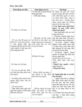 Tổ Lý – Hoá - Sinh
Hoạt động của thầy Hoạt động của trò Nội dung
GV nhận xét, kết luận.
GV yêu cầu HS quan sát
hình 34.2 và trả lời câu hỏi.
? Loài người hiện đại
H.sapiens đã tiến hóa từ loài
vượn người cổ đại qua các
loài trung gian nào?
GV nhận xét, kết luận.
GV yêu cầu HS đọc SGK,
xác định địa điểm phát sinh
loài người.
GV khẳng định thuyết đơn
nguồn đang được ủng hộ
nhiều nhất.
GV nêu câu hỏi:
? Đặc điểm thích nghi nào
giúp loài người có khả năng
tiến hoá văn hoá ?
và tinh tinh có quan hệ họ
hàng gần nhất.
→ Kết luận chung.
HS nghe câu hỏi, quan
sát hình và nêu được các
dạng trung gian trong quá
trình phát sinh các loài
trong chi Homo.
HS khác bổ sung.
HS đọc SGK, nêu được 2
giả thuyết về địa điểm
phát sinh loài người.
HS đọc thông tin trong
SGK, nêu được các đặc
điểm thích nghi nổi bật
của con người.
họ hàng rất gần với vượn
người và gần gũi nhất với tinh
tinh. Mặt khác người và vượn
có nhiều điểm khác nhau→
tiến hóa theo 2 hướng khác
nhau (vượn ngày nay không
phải là tổ tiên trực tiếp)
2. Các dạng vượn người hóa
thạch và quá trình hình
thành loài người.
Quá trình phát sinh các loài
trong chi Homo.
+ H.habilis (người khéo léo):
não khá phát triển (575cm3
),
biết sử dụng công cụ bằng đá.
+ H.erectus (người đứng
thẳng): hình thành cách đây
1,8 triệu năm; tuyệt diệt cách
đây khoảng 20 vạn năm, đây
là loài tồn tại lâu nhất
+ H.sapiens (người thông
minh): là nhánh duy nhất còn
tồn tại, phát triển.
H.habilisH.erectus H.sapiens
*Địa điểm phát sinh loài
người:
+Thuyết đơn nguồn: (nhiều
người ủng hộ )
+Thuyết đa vùng:
II. Người hiện đại và sự tiến
hóa văn hóa.
- Người hiện đại có những
đặc điểm thích nghi nổi bật:
bộ não lớn, cấu trúc thanh
quản phù hợp, bàn tay với các
ngón tay linh hoạt giúp chế
tạo và sử dụng công cụ lao
động...
⇒ Có được khả năng tiến hóa
văn hóa → chăn nuôi, trồng
trọt....KH,CN
Giáo án Sinh học 12 CB 110
 