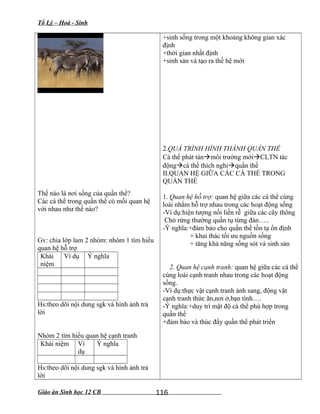 Tổ Lý – Hoá - Sinh
Rõng t h « n g
Thế nào là nơi sống của quần thể?
Các cá thể trong quần thể có mối quan hệ
với nhau như thế nào?
Gv: chia lớp lam 2 nhóm: nhóm 1 tìm hiểu
quan hệ hỗ trợ
Khái
niệm
Ví dụ Ý nghĩa
Hs:theo dõi nội dung sgk và hình ảnh trả
lời
Nhóm 2 tìm hiểu quan hệ cạnh tranh
Khái niệm Ví
dụ
Ý nghĩa
Hs:theo dõi nội dung sgk và hình ảnh trả
lời
+sinh sống trong một khoảng không gian xác
định
+thời gian nhất định
+sinh sản và tạo ra thế hệ mới
QUẦN THỂ TRÂU RỪNG
2.QUÁ TRÌNH HÌNH THÀNH QUẦN THỂ
Cá thể phát tánmôi trường mớiCLTN tác
độngcà thể thích nghiquần thể
II.QUAN HỆ GIỮA CÁC CÁ THỂ TRONG
QUẦN THỂ
1. Quan hệ hỗ trợ: quan hệ giữa các cá thể cùng
loài nhằm hỗ trợ nhau trong các hoạt động sống
-Ví dụ:hiện tượng nối liền rễ giữa các cây thông
Chó rừng thường quần tụ từng đàn…..
-Ý nghĩa:+đảm bảo cho quần thể tồn tạ ổn định
+ khai thác tối ưu nguồn sống
+ tăng khả năng sống sót và sinh sản
2. Quan hệ cạnh tranh: quan hệ giữa các cá thể
cùng loài cạnh tranh nhau trong các hoạt động
sống.
-Ví dụ:thực vật cạnh tranh ánh sang, động vật
cạnh tranh thức ăn,nơi ở,bạn tình….
-Ý nghĩa:+duy trì mật độ cá thể phù hợp trong
quần thể
+đảm bảo và thúc đẩy quần thể phát triển
Giáo án Sinh học 12 CB 116
 