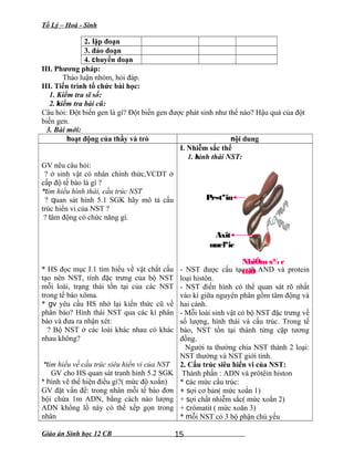 Tổ Lý – Hoá - Sinh
2. lặp đoạn
3. đảo đoạn
4. chuyển đoạn
III. Phương pháp:
Thảo luận nhóm, hỏi đáp.
III. Tiến trình tổ chức bài học:
1. Kiểm tra sĩ số:
2. kiểm tra bài cũ:
Câu hỏi: Đột biến gen là gì? Đột biến gen được phát sinh như thế nào? Hậu quả của đột
biến gen.
3. Bài mới:
hoạt động của thầy và trò nội dung
GV nêu câu hỏi:
? ở sinh vật có nhân chính thức,VCDT ở
cấp độ tế bào là gì ?
*tìm hiểu hình thái, cấu trúc NST
? quan sát hình 5.1 SGK hãy mô tả cấu
trúc hiển vi của NST ?
? tâm động có chức năng gì.
* HS đọc mục I.1 tìm hiểu về vật chất cấu
tạo nên NST, tính đặc trưng của bộ NST
mỗi loài, trạng thái tồn tại của các NST
trong tế bào xôma.
* gv yêu cầu HS nhớ lại kiến thức cũ về
phân bào? Hình thái NST qua các kì phân
bào và đưa ra nhận xét:
? Bộ NST ở các loài khác nhau có khác
nhau không?
*tìm hiểu về cấu trúc siêu hiển vi của NST
GV cho HS quan sát tranh hình 5.2 SGK
* hình vẽ thể hiện điều gì?( mức độ xoắn)
GV đặt vấn đề: trong nhân mỗi tế bào đơn
bội chứa 1m ADN, bằng cách nào lượng
ADN khổng lồ này có thể xếp gọn trong
nhân
I. Nhiễm sắc thể
1. hình thái NST:
- NST được cấu tạo từ AND và protein
loại histôn.
- NST điển hình có thể quan sát rõ nhất
vào kì giữa nguyên phân gồm tâm động và
hai cánh.
- Mỗi loài sinh vật có bộ NST đặc trưng về
số lượng, hình thái và cấu trúc. Trong tế
bào, NST tồn tại thành từng cặp tương
đồng.
Người ta thường chia NST thành 2 loại:
NST thường và NST giới tính.
2. Cấu trúc siêu hiển vi của NST:
Thành phần : ADN và prôtêin histon
* các mức cấu trúc:
+ sợi cơ bản( mức xoắn 1)
+ sợi chất nhiễm sắc( mức xoắn 2)
+ crômatit ( mức xoăn 3)
* mỗi NST có 3 bộ phận chủ yếu
Giáo án Sinh học 12 CB 15
NhiÔms¾c
thÓ
Axit
nuclªic
Pr«tªin
 