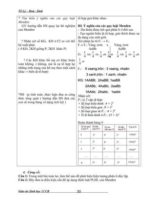 Tổ Lý – Hoá - Sinh
* Tìm hiểu ý nghĩa của các quy luật
Menđen:
GV hướng dẫn HS quay lại thí nghiệm
của Menđen
? Nhận xét số KG, KH ở F2 so với thế
hệ xuất phát.
( 4 KH, 2KH giống P, 2KH khác P)
? Các KH khác bố mẹ có khác hoàn
toàn không. ( không, mà là sự tổ hợp lại
những tính trạng của bố mẹ theo một cách
khác→ biến dị tổ hợp)
*HS tự tính toán ,thảo luận đưa ra công
thức tổng quát ( hướng dẫn HS đưa các
con số trong bảng về dạng tích luỹ )
tổ hợp gen khác nhau
III. Ý nghĩa của các quy luật Menđen
- Dự đoán được kết quả phân li ở đời sau
- Tạo nguồn biến dị tổ hợp, giải thích được sự
đa dạng của sinh giới.
Xét phép lai từ F1 → F2.
F1 x F1: Vàng, trơn x Vàng, trơn
AaBb AaBb
G:
4
1
AB:
4
1
Ab:
4
1
aB:
4
1
ab
4
1
AB:
4
1
Ab:
4
1
aB:
4
1
ab
F2: 9 vaøng,trôn : 3 vaøng, nhaên9 vaøng,trôn : 3 vaøng, nhaên
3 xanh,trôn : 1 xanh, nhaên3 xanh,trôn : 1 xanh, nhaên
KG: 1AABB; 2AaBB; 1aaBBKG: 1AABB; 2AaBB; 1aaBB
2AABb; 4AaBb; 2aaBb2AABb; 4AaBb; 2aaBb
1AAbb; 2Aabb; 1aabb1AAbb; 2Aabb; 1aabb
Nhận xét:Nhận xét:
FF11 có 2 cặp dị hợpcó 2 cặp dị hợp
+ Số loại kiểu hình: 4 = 2+ Số loại kiểu hình: 4 = 222
+ Số loại kiểu gen: 9 = 3+ Số loại kiểu gen: 9 = 322
+ Số loại giao tử F+ Số loại giao tử F11 : 4 = 2: 4 = 222
+ Tỉ lệ kiểu hình ở F+ Tỉ lệ kiểu hình ở F22 : (3 + 1): (3 + 1)22
Hoàn thành bảng 9
4. Củng cố:
Câu 1: Trong một bài toán lai, làm thế nào để phát hiện hiện tượng phân li độc lập
Câu 2: Hãy đưa ra điều kiện cần để áp dụng định luật PLĐL của Menđen
Giáo án Sinh học 12 CB 30
 