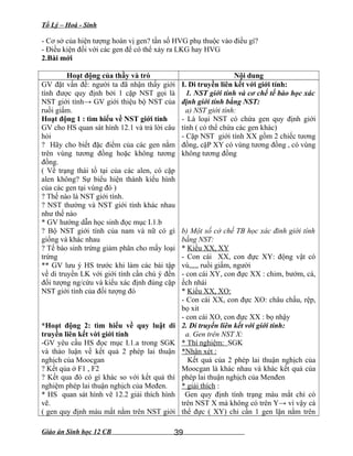 Tổ Lý – Hoá - Sinh
- Cơ sở của hiện tượng hoán vị gen? tần số HVG phụ thuộc vào điều gì?
- Điều kiện đối với các gen để có thể xảy ra LKG hay HVG
2.Bài mới
Hoạt động của thầy và trò Nội dung
GV đặt vấn đề: người ta đã nhận thấy giới
tính được quy định bởi 1 cặp NST gọi là
NST giới tính→ GV giới thiệu bộ NST của
ruồi giấm.
Hoạt động 1 : tìm hiểu về NST giới tính
GV cho HS quan sát hình 12.1 và trả lời câu
hỏi
? Hãy cho biết đặc điểm của các gen nằm
trên vùng tương đồng hoặc không tương
đồng.
( Về trạng thái tồ tại của các alen, có cặp
alen không? Sự biểu hiện thành kiểu hình
của các gen tại vùng đó )
? Thế nào là NST giới tính.
? NST thường và NST giới tính khác nhau
như thế nào
* GV hướng dẫn học sinh đọc mục I.1.b
? Bộ NST giới tính của nam và nữ có gì
giống và khác nhau
? Tế bào sinh trứng giảm phân cho mấy loại
trứng
** GV lưu ý HS trước khi làm các bài tập
về di truyền LK với giới tính cần chú ý đến
đối tượng ng/cứu và kiểu xác định đúng cặp
NST giới tính của đối tượng đó
*Hoạt động 2: tìm hiểu về quy luật di
truyền liên kết vời giới tính
-GV yêu cầu HS đọc mục I.1.a trong SGK
và thảo luận về kết quả 2 phép lai thuận
nghịch của Moocgan
? Kết qủa ở F1 , F2
? Kết qua đó có gì khác so với kết quả thí
nghiệm phép lai thuận nghịch của Međen.
* HS quan sát hình vẽ 12.2 giải thích hình
vẽ.
( gen quy định màu mắt nằm trên NST giới
I. Di truyền liên kết với giới tính:
1. NST giới tính và cơ chế tế bào học xác
định giới tính bằng NST:
a) NST giới tính:
- Là loại NST có chứa gen quy định giới
tính ( có thể chứa các gen khác)
- Cặp NST giới tính XX gồm 2 chiếc tương
đồng, cặP XY có vùng tương đồng , có vùng
không tương đồng
b) Một số cở chế TB học xác đinh giới tính
bằng NST:
* Kiểu XX, XY
- Con cái XX, con đực XY: động vật có
vú,,,,, ruồi giấm, người
- con cái XY, con đực XX : chim, bướm, cá,
ếch nhái
* Kiểu XX, XO:
- Con cái XX, con đực XO: châu chấu, rệp,
bọ xit
- con cái XO, con đực XX : bọ nhậy
2. Di truyền liên kết với giới tính:
a. Gen trên NST X:
* Thí nghiệm: SGK
*Nhận xét :
Kết quả của 2 phép lai thuận nghịch của
Moocgan là khác nhau và khác kết quả của
phép lai thuận nghịch của Menđen
* giải thích :
Gen quy định tính trạng màu mắt chỉ có
trên NST X mà không có trên Y→ vì vậy cá
thể đực ( XY) chỉ cần 1 gen lặn nằm trên
Giáo án Sinh học 12 CB 39
 