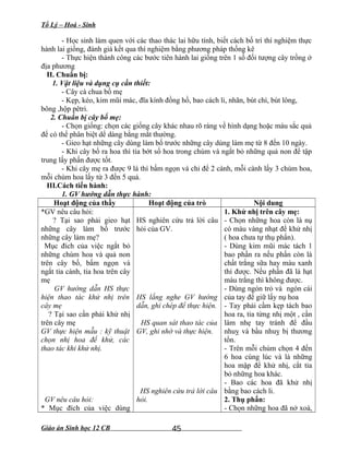 Tổ Lý – Hoá - Sinh
- Học sinh làm quen với các thao thác lai hữu tính, biết cách bố trí thí nghiệm thực
hành lai giống, đánh giá kết qua thí nghiệm bằng phương pháp thống kê
- Thực hiện thành công các bước tiên hành lai giống trên 1 số đối tượng cây trồng ở
địa phương
II. Chuẩn bị:
1. Vật liệu và dụng cụ cần thiết:
- Cây cà chua bố mẹ
- Kẹp, kéo, kim mũi mác, đĩa kính đồng hồ, bao cách li, nhãn, bút chì, bút lông,
bông ,hộp pêtri.
2. Chuẩn bị cây bố mẹ:
- Chọn giống: chọn các giống cây khác nhau rõ ràng về hình dạng hoặc màu sắc quả
để có thể phân biệt dể dàng bằng mắt thường.
- Gieo hạt những cây dùng làm bố trước những cây dùng làm mẹ từ 8 đến 10 ngày.
- Khi cây bố ra hoa thì tỉa bớt số hoa trong chùm và ngắt bỏ những quả non để tập
trung lấy phấn được tốt.
- Khi cây mẹ ra được 9 lá thì bấm ngọn và chỉ để 2 cành, mỗi cành lấy 3 chùm hoa,
mỗi chùm hoa lấy từ 3 đến 5 quả.
III.Cách tiến hành:
1. GV hướng dẫn thực hành:
Hoạt động của thầy Hoạt động của trò Nội dung
*GV nêu câu hỏi:
? Tại sao phải gieo hạt
những cây làm bố trước
những cây làm mẹ?
Mục đích của việc ngắt bỏ
những chùm hoa và quả non
trên cây bố, bấm ngọn và
ngắt tỉa cành, tỉa hoa trên cây
mẹ
GV hướng dẫn HS thực
hiện thao tác khử nhị trên
cây mẹ
? Tại sao cần phải khử nhị
trên cây mẹ
GV thực hiện mẫu : kỹ thuật
chọn nhị hoa để khử, các
thao tác khi khử nhị.
GV nêu câu hỏi:
* Mục đích của việc dùng
HS nghiên cứu trả lời câu
hỏi của GV.
HS lắng nghe GV hướng
dẫn, ghi chép để thực hiện.
HS quan sát thao tác của
GV, ghi nhớ và thực hiện.
HS nghiên cứu trả lời câu
hỏi.
1. Khử nhị trên cây mẹ:
- Chọn những hoa còn là nụ
có màu vàng nhạt để khử nhị
( hoa chưa tự thụ phấn).
- Dùng kim mũi mác tách 1
bao phấn ra nếu phấn còn là
chất trắng sữa hay màu xanh
thì được. Nếu phấn đã là hạt
màu trắng thì không được.
- Dùng ngón trỏ và ngón cái
của tay để giữ lấy nụ hoa
- Tay phải cầm kẹp tách bao
hoa ra, tỉa từng nhị một , cần
làm nhẹ tay tránh để đầu
nhuỵ và bầu nhuỵ bị thương
tổn.
- Trên mỗi chùm chọn 4 đến
6 hoa cùng lúc và là những
hoa mập để khử nhị, cắt tỉa
bỏ những hoa khác.
- Bao các hoa đã khử nhị
bằng bao cách li.
2. Thụ phấn:
- Chọn những hoa đã nở xoà,
Giáo án Sinh học 12 CB 45
 