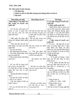 Tổ Lý – Hoá - Sinh
III. Tiến trình tổ chức bài dạy:
1. Ổn định lớp:
2. Kiểm tra bài cũ: Bài đầu chương nên không kiểm tra bài cũ
3. Bài mới:
Hoạt động của thầy Hoạt động của trò Nội dung
*Hoạt động 1: tìm hiểu các
đặc trưng di truyền của
quần thể.
GV cho học sinh quan sát
tranh về một số quần thể,
yêu cầu học sinh cho biết
quần thể là gì?
? Mỗi quần thể được đặc
trưng bởi những thành phần
nào.
?Vậy làm thế nào để xác
định được vốn gen của một
quần thể?
Yêu cầu nêu được:
+ Xác định được tần số alen.
+ Xác định thành phần kiểu
gen của quần thể.
? Tần số alen được tính bằng
cách nào ?
GV cho HS áp dụng tính
tần số alen của quần thể.
(?) Tính tần số alen A trong
quần thể cây này là bao
nhiêu?
Cây hoa đỏcóKG AAchứa 2
alenA
Cây hoa đỏ có KG Aa chứa
1 alen A và 1 alen a.
Cây hoa trắng có KG aa
chứa 2 alen a.
GV yêu cầu HS tính tần số
alen a?
HS nhớ lại kiến thức đã
học kết hợp với quan sát
tranh nhắc lại khái niệm
quần thể.
HS nêu đặc trưng của
quần thể là vốn gen.
HS đọc thông tin SGK
để trả lời.
=> Vốn gen được thể
hiện qua tần số alen và tỉ
số KG của quần thể.
HS nghiên cứu SGK
trả lời.
HS dựa vào kiến thức
vừa học hoàn thành bài
tập của GV.
HS dựa vào khái niệm
để tính tần số alen A
trong quần thể.
I. Các đặc trưng di truyền của
quần thể
1. Định nghĩa quần thể:
Quần thể là một tổ chức của
các cá thể cùng loài, sống trong
cùng một khoảng không gian
xác định, ở vào một thời điểm
xác định và có khả năng sinh ra
các thế hệ con cái để duy trì nòi
giống.
2. Đặc trưng di truyền của
quần thể:
* Vốn gen : tập hợp tất cả các
alen có trong quần thể ở một
thời điểm xác định, các đặc
điểm của vốn gen thể hiện thông
qua các thông số là tần số alen
và tần số kiểu gen.
* Tần số alen:
- Tỉ lệ giữa số lượng 1 loại
alen nào đó trên tổng số alen
được tạo ra.
Ví dụ: Quần thể đậu Hà lan
gen quy định màu hoa đỏ có 2
loại alen: A - là hoa đỏ, a – là
hoa trắng.
Giả sử quần thể đậu có 1000
cây với 500 cây có KG AA, 200
cây có KG Aa, và 300 cây có
KG aa.
+ Tổng số alen A
= (500 x 2) + 200 = 1200.
+Tổng số alen A và a
= 1000 x 2 = 2000.
Vậy tần số alen A trong quần thể
Giáo án Sinh học 12 CB 51
 