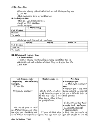 Tổ Lý – Hoá - Sinh
- Phát triển kỹ năng phân tích kênh hình, so sánh, khái quát tổng hợp.
3. Thái độ:
- Hình thành niềm tin và say mê khoa học.
II. Thiết bị dạy học:
- Hình 20.1 , 20.2 sách giáo khoa.
- Sơ đồ tạo AND tái tổ hợp.
- Phiếu học tập 1:
Tạo AND tái tổ hợp
Cách tiến hành
Hệ enzim
Thể truyền
- Phiếu học tập 2: Tạo sinh vật chuyển gen
Động vật Thực vật Vi sinh vật
Cách tiến hành
Thành tựu
Thể truyền
III. Tiến trình tổ chức dạy học:
1. Kiểm tra bài cũ:
- Trình bày phương pháp tạo giống nhờ công nghệ tế bào thực vật
- Giải thích quá trình nhân bản vô tính ở động vật, ý nghĩa thực tiễn
2. Bài mới:
Hoạt động của thầy Hoạt động của trò Nội dung
*Hoạt động 1: Tìm hiểu công
nghệ gen.
GV vấn đáp.
? Công nghệ gen là gì ?
GV cho HS quan sát sơ đồ
tạo AND tái tổ hợp, phát phiếu
học tập 1, yêu cầu HS làm việc
nhóm để hoàn thành phiếu học
HS đọc SGK, nêu được:
→ kỹ thuật chuyển gen từ
tế bào này sang tế bào
khác tạo ra những tế bào
có gen bị biến đổi.
HS quan sát hình, nhận
phiếu học tập, thảo luận
I. Công nghệ gen.
1. Khái niệm công nghệ
gen:
Công nghệ gen là quy trình
tạo ra những tế bào sinh vật
có gen bị biến đổi hoặc có
thêm gen mới.
2.Các bước cần tiến hành
trong kỹ thuật chuyển gen.
a. Tạo ADN tái tổ hợp
* Cách tiến hành:
- Tách chiết thể truyền và
gen cần chuyển ra khỏi tế
Giáo án Sinh học 12 CB 65
 