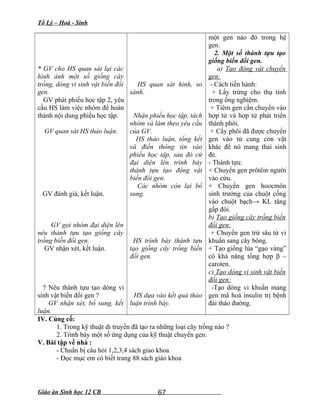 Tổ Lý – Hoá - Sinh
* GV cho HS quan sát lại các
hình ảnh một số giống cây
trồng, dòng vi sinh vật biến đổi
gen.
GV phát phiếu học tập 2, yêu
cầu HS làm việc nhóm để hoàn
thành nội dung phiếu học tập.
GV quan sát HS thảo luận.
GV đánh giá, kết luận.
GV gọi nhóm đại diện lên
nêu thành tựu tạo giống cây
trồng biến đổi gen.
GV nhận xét, kết luận.
? Nêu thành tựu tạo dòng vi
sinh vật biến đổi gen ?
GV nhận xét, bổ sung, kết
luận.
HS quan sát hình, so
sánh.
Nhận phiếu học tập, tách
nhóm và làm theo yêu cầu
của GV.
HS thảo luận, tổng kết
và điền thông tin vào
phiếu học tập, sau đó cử
đại diện lên trình bày
thành tựu tạo động vật
biến đổi gen.
Các nhóm còn lại bổ
sung.
HS trình bày thành tựu
tạo giống cây trồng biến
đổi gen.
HS dựa vào kết quả thảo
luận trình bày.
một gen nào đó trong hệ
gen.
2. Một số thành tựu tạo
giống biến đổi gen.
a) Tạo động vật chuyển
gen:
- Cách tiến hành:
+ Lấy trứng cho thụ tinh
trong ống nghiệm.
+ Tiêm gen cần chuyển vào
hợp tử và hợp tử phát triển
thành phôi.
+ Cấy phôi đã được chuyển
gen vào tử cung con vật
khác để nó mang thai sinh
đẻ.
- Thành tựu:
+ Chuyển gen prôtêin người
vào cừu.
+ Chuyển gen hoocmôn
sinh trưởng của chuột cống
vào chuột bạch→ KL tăng
gấp đôi.
b) Tạo giống cây trồng biến
đổi gen:
+ Chuyển gen trừ sâu từ vi
khuẩn sang cây bông.
+ Tạo giống lúa “gạo vàng”
có khả năng tổng hợp β –
caroten.
c) Tạo dòng vi sinh vật biến
đổi gen:
-Tạo dòng vi khuẩn mang
gen mã hoá insulin trị bệnh
đái tháo đường.
IV. Củng cố:
1. Trong kỹ thuật di truyền đã tạo ra những loại cây trồng nào ?
2. Trình bày một số ứng dụng của kỹ thuật chuyển gen.
V. Bài tập về nhà :
- Chuẩn bị câu hỏi 1,2,3,4 sách giao khoa
- Đọc mục em có biết trang 88 sách giáo khoa
Giáo án Sinh học 12 CB 67
 