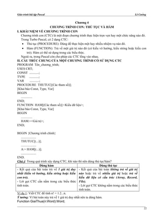 Giáo trình bài tập Pascal Lê Cường
Chương 4
CHƯƠNG TRÌNH CON: THỦ TỤC VÀ HÀM
I. KHÁI NIỆM VỀ CHƯƠNG TRÌNH CON
Chương trình con (CTC) là một đoạn chương trình thực hiện trọn vẹn hay một chức năng nào đó.
Trong Turbo Pascal, có 2 dạng CTC:
• Thủ tục (PROCEDURE): Dùng để thực hiện một hay nhiều nhiệm vụ nào đó.
• Hàm (FUNCTION): Trả về một giá trị nào đó (có kiểu vô hướng, kiểu string hoặc kiểu con
trỏ). Hàm có thể sử dụng trong các biểu thức.
Ngoài ra, trong Pascal còn cho phép các CTC lồng vào nhau.
II. CẤU TRÚC CHUNG CỦA MỘT CHƯƠNG TRÌNH CÓ SỬ DỤNG CTC
PROGRAM Tên_chương_trình;
USES CRT;
CONST ............;
TYPE ............;
VAR ............;
PROCEDURE THUTUC[(Các tham số)];
[Khai báo Const, Type, Var]
BEGIN
..............
END;
FUNCTION HAM[(Các tham số)]:<Kiểu dữ liệu>;
[Khai báo Const, Type, Var]
BEGIN
..............
HAM:=<Giá trị>;
END;
BEGIN {Chương trình chính}
...................
THUTUC[(...)];
...................
A:= HAM[(...)];
...................
END.
Chú ý: Trong quá trình xây dựng CTC, khi nào thì nên dùng thủ tục/hàm?
Dùng hàm Dùng thủ tục
- Kết quả của bài toán trả về 1 giá trị duy
nhất (kiểu vô hướng, kiểu string hoặc kiểu
con trỏ).
- Lời gọi CTC cần nằm trong các biểu thức
tính toán.
- Kết quả của bài toán không trả về giá trị
nào hoặc trả về nhiều giá trị hoặc trả về
kiểu dữ liệu có cấu trúc (Array, Record,
File).
- Lời gọi CTC không nằm trong các biểu thức
tính toán.
Ví dụ 1: Viết CTC để tính n! = 1.2...n.
Ý tưởng: Vì bài toán này trả về 1 giá trị duy nhất nên ta dùng hàm.
Function GiaiThua(n:Word):Word;
22
 