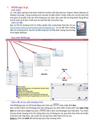 I. MSWLogo là gì.
Giới thiệu.
Là một ngôn ngữ lập trình được thiết kế và phát triển bởi Seymour Papert, Daniel Bobrow và
Wallace Feurzeig. Trong chương trình này bạn sẽ điều khiển 1 hoặc nhiều con rùa (là một hình
tam giác) di chuyển trên sân chơi thông qua các lệnh, bên cạnh đó nó cũng được dùng để xử
lý tính toán xử lý đưa ra kết quả các bài toán lập trình phức tạp.
Cách cài đặt.
Bạn có thể tải chương trình từ nhiều nguồn trên mạng hoặc theo địa chỉ sau
http://www.softronix.com/download/mswlogo65.exe và cài đặt theo hướng
dẫn của chương trình. Sau khi cài đặt xong bạn sẽ thấy biểu tượng của chương
trình ngoài Desktop.
Giao diện MSWLogo.
Cách viết và lưu một chương trình.
Với MSWLogo bạn có thể thoát bằng cách Click vào hoặc nhập lệnh Bye.
Bạn có thể ra lệnh cho Mswlogo làm việc thông qua các lệnh nhấn từ bàn phím vào ngăn nhập
lệnh và nhấn phím enter hay Click để ra lệnh cho Mswlogo thực hiện lệnh. Tuy nhiên
khi bạn thoát chương trình thì những lệnh này sẽ không lưu lại, bạn phải thực hiện lại từ đầu
ở lần làm việc tiếp theo, nếu muốn lưu lại bạn thực hiện theo trình tự sau.
Bước 1: Click vào Edall để mở khung soạn thảo chương trình.
 