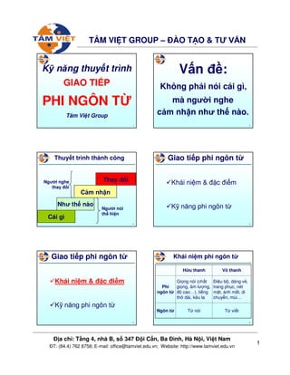1
ð a ch : T ng 4, nhà B, s 347 ð i C n, Ba ðình, Hà N i, Vi t Nam
ðT: (84.4) 762 8758; E-mail: office@tamviet.edu.vn; Website: http://www.tamviet.edu.vn
TÂM VI T GROUP – ðÀO T O & TƯ V N
1
K năng thuy t trình
GIAO TI P
PHI NGÔN T
Tâm Vi t Group
2
V n ñ :
Không ph i nói cái gì,
mà ngư i nghe
c m nh n như th nào.
3
Thuy t trình thành công
Thay ñ i
C m nh n
Như th nào
Cái gì
Ngư i nói
th hi n
Ngư i nghe
thay ñ i
4
Giao ti p phi ngôn t
Khái ni m & ñ c ñi m
K năng phi ngôn t
5
Giao ti p phi ngôn t
Khái ni m & ñ c ñi m
K năng phi ngôn t
6
Khái ni m phi ngôn t
ði u b , dáng v ,
trang ph c, nét
m t, ánh m t, di
chuy n, mùi…
Gi ng nói (ch t
gi ng, âm lư ng,
ñ cao…), ti ng
th dài, kêu la
Phi
ngôn t
T vi tT nóiNgôn t
Vô thanhH u thanh
 