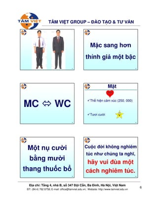 6
ð a ch : T ng 4, nhà B, s 347 ð i C n, Ba ðình, Hà N i, Vi t Nam
ðT: (84.4) 762 8758; E-mail: office@tamviet.edu.vn; Website: http://www.tamviet.edu.vn
TÂM VI T GROUP – ðÀO T O & TƯ V N
31 32
M c sang hơn
thính gi m t b c
33
MC WC
34
M t
Th hi n c m xúc (250. 000)
Tươi cư i
35
M t n cư i
b ng mư i
thang thu c b
36
Cu c ñ i không nghiêm
túc như chúng ta nghĩ,
hãy vui ñùa m t
cách nghiêm túc.
 