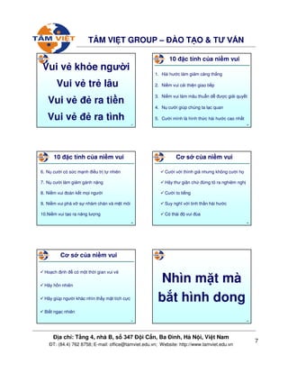 7
ð a ch : T ng 4, nhà B, s 347 ð i C n, Ba ðình, Hà N i, Vi t Nam
ðT: (84.4) 762 8758; E-mail: office@tamviet.edu.vn; Website: http://www.tamviet.edu.vn
TÂM VI T GROUP – ðÀO T O & TƯ V N
37
Vui v kh e ngư i
Vui v tr lâu
Vui v ñ ra ti n
Vui v ñ ra tình
38
10 ñ c tính c a ni m vui
1. Hài hư c làm gi m căng th ng
2. Ni m vui c i thi n giao ti p
3. Ni m vui làm mâu thu n d ñư c gi i quy t
4. N cư i giúp chúng ta l c quan
5. Cư i mình là hình th c hài hư c cao nh t
39
10 ñ c tính c a ni m vui
6. N cư i có s c m nh ñi u tr t nhiên
7. N cư i làm gi m gánh n ng
8. Ni m vui ñoàn k t m i ngư i
9. Ni m vui phá v s nhàm chán và m t m i
10.Ni m vui t o ra năng lư ng
40
Cơ s c a ni m vui
Cư i v i thính gi nhưng không cư i h
Hãy thư giãn ch ñ ng t ra nghiêm ngh
Cư i to ti ng
Suy nghĩ v i tinh th n hài hư c
Có thái ñ vui ñùa
41
Cơ s c a ni m vui
Ho ch ñ nh ñ có m t th i gian vui v
Hãy h n nhiên
Hãy giúp ngư i khác nhìn th y m t tích c c
Bi t ng c nhiên
42
Nhìn m t mà
b t hình dong
 