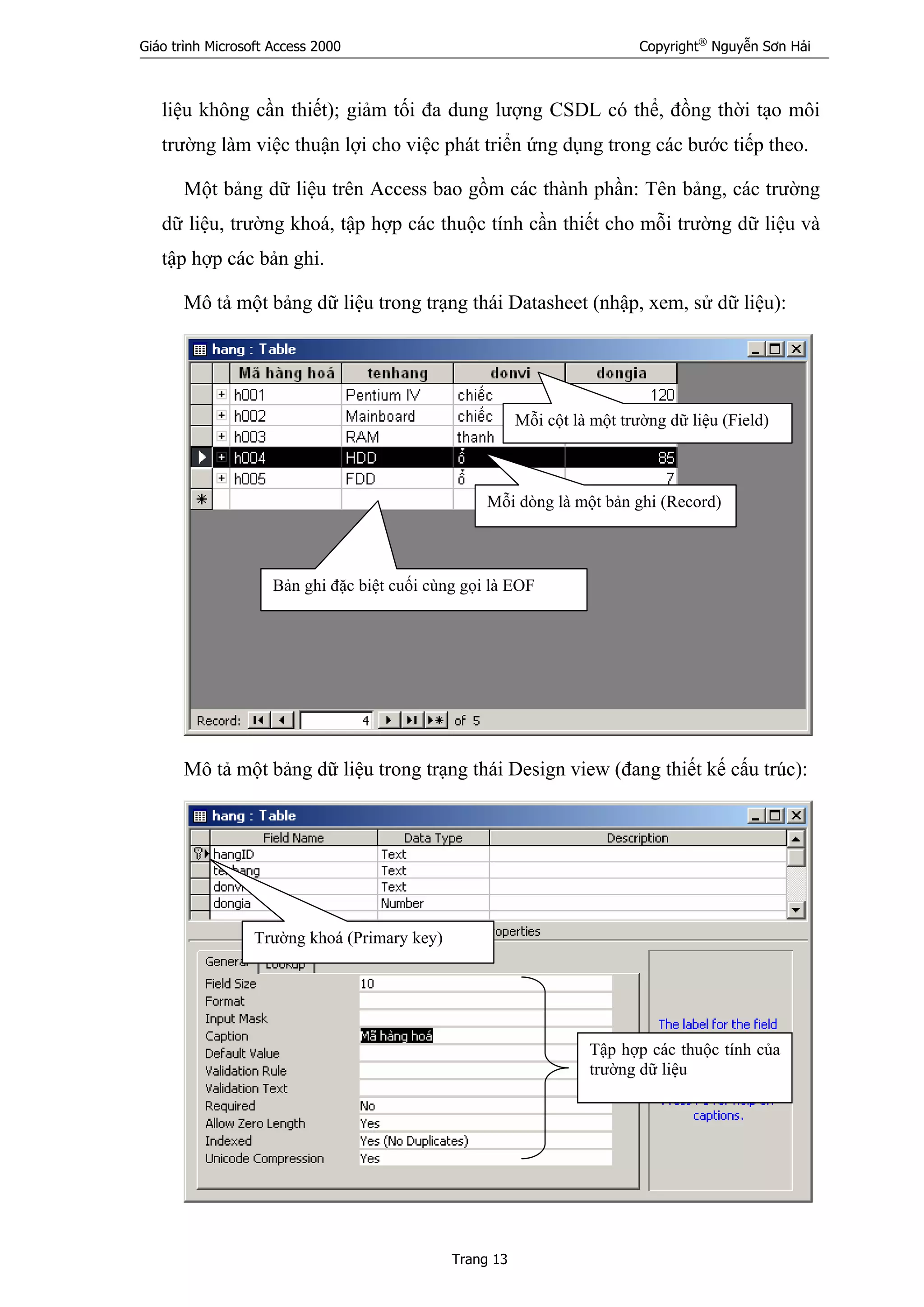 Giáo trình Microsoft Access 2000 Copyright®
Nguyễn Sơn Hải
Trang 13
liệu không cần thiết); giảm tối đa dung lượng CSDL có thể, đồng thời tạo môi
trường làm việc thuận lợi cho việc phát triển ứng dụng trong các bước tiếp theo.
Một bảng dữ liệu trên Access bao gồm các thành phần: Tên bảng, các trường
dữ liệu, trường khoá, tập hợp các thuộc tính cần thiết cho mỗi trường dữ liệu và
tập hợp các bản ghi.
Mô tả một bảng dữ liệu trong trạng thái Datasheet (nhập, xem, sử dữ liệu):
Mô tả một bảng dữ liệu trong trạng thái Design view (đang thiết kế cấu trúc):
Mỗi cột là một trường dữ liệu (Field)
Mỗi dòng là một bản ghi (Record)
Bản ghi đặc biệt cuối cùng gọi là EOF
Tập hợp các thuộc tính của
trường dữ liệu
Trường khoá (Primary key)
 