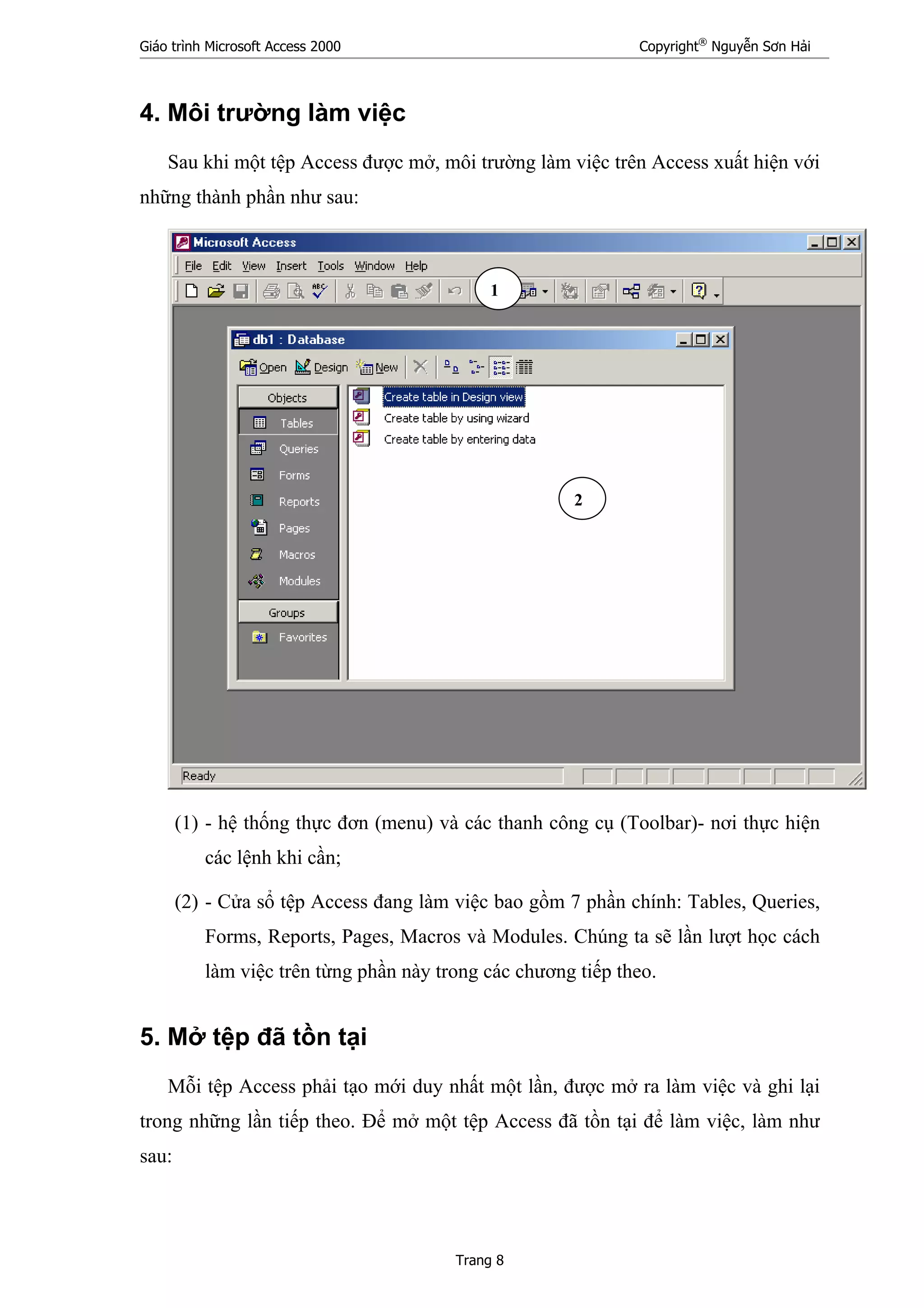 Giáo trình Microsoft Access 2000 Copyright®
Nguyễn Sơn Hải
Trang 8
4. Môi trường làm việc
Sau khi một tệp Access được mở, môi trường làm việc trên Access xuất hiện với
những thành phần như sau:
(1) - hệ thống thực đơn (menu) và các thanh công cụ (Toolbar)- nơi thực hiện
các lệnh khi cần;
(2) - Cửa sổ tệp Access đang làm việc bao gồm 7 phần chính: Tables, Queries,
Forms, Reports, Pages, Macros và Modules. Chúng ta sẽ lần lượt học cách
làm việc trên từng phần này trong các chương tiếp theo.
5. Mở tệp đã tồn tại
Mỗi tệp Access phải tạo mới duy nhất một lần, được mở ra làm việc và ghi lại
trong những lần tiếp theo. Để mở một tệp Access đã tồn tại để làm việc, làm như
sau:
1
2
 