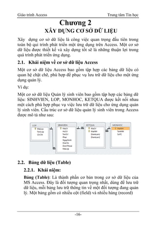 Giáo trình Access Trung tâm Tin học
-16-
Chương 2
XÂY DỰNG CƠ SỞ DỮ LIỆU
Xây dựng cơ sở dữ liệu là công việc quan trọng đầu tiên trong
toàn bộ qui trình phát triển một ứng dụng trên Access. Một cơ sở
dữ liệu được thiết kế và xây dựng tốt sẽ là những thuận lợi trong
quá trình phát triển ứng dụng.
2.1. Khái niệm về cơ sở dữ liệu Access
Một cơ sở dữ liệu Access bao gồm tập hợp các bảng dữ liệu có
quan hệ chặt chẽ, phù hợp để phục vụ lưu trữ dữ liệu cho một ứng
dụng quản lý.
Ví dụ:
Một cơ sở dữ liệu Quản lý sinh viên bao gồm tập hợp các bảng dữ
liệu: SINHVIEN, LOP, MONHOC, KETQUA được kết nối nhau
một cách phù hợp phục vụ việc lưu trữ dữ liệu cho ứng dụng quản
lý sinh viên. Cấu trúc cơ sở dữ liệu quản lý sinh viên trong Access
được mô tả như sau:
2.2. Bảng dữ liệu (Table)
2.2.1. Khái niệm:
Bảng (Table): Là thành phần cơ bản trong cơ sở dữ liệu của
MS Access. Đây là đối tượng quan trọng nhất, dùng để lưu trữ
dữ liệu, mỗi bảng lưu trữ thông tin về một đối tượng đang quản
lý. Một bảng gồm có nhiều cột (field) và nhiều hàng (record)
 
