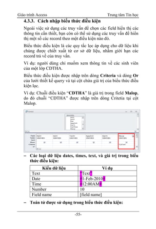Giáo trình Access Trung tâm Tin học
-55-
4.3.3. Cách nhập biểu thức điều kiện
Ngoài việc sử dụng các truy vấn để chọn các field hiển thị các
thông tin cần thiết, bạn còn có thể sử dụng các truy vấn để hiển
thị một số các record theo một điều kiện nào đó.
Biểu thức điều kiện là các quy tắc lọc áp dụng cho dữ liệu khi
chúng được chiết xuất từ cơ sở dữ liệu, nhằm giới hạn các
record trả về của truy vấn.
Ví dụ: người dùng chỉ muốm xem thông tin về các sinh viên
của một lớp CDTHA.
Biểu thức điều kiện được nhập trên dòng Criteria và dòng Or
của lưới thiết kế query và tại cột chứa giá trị của biểu thức điều
kiện lọc.
Ví dụ: Chuỗi điều kiện “CDTHA” là giá trị trong field Malop,
do đó chuỗi “CDTHA” được nhập trên dòng Critetia tại cột
Malop.
 Các loại dữ liệu dates, times, text, và giá trị trong biểu
thức điều kiện:
Kiểu dữ liệu Ví dụ
Text “Text”
Date #1-Feb-2010#
Time #12:00AM#
Number 10
Field name [field name]
 Toán tử được sử dụng trong biểu thức điều kiện:
 