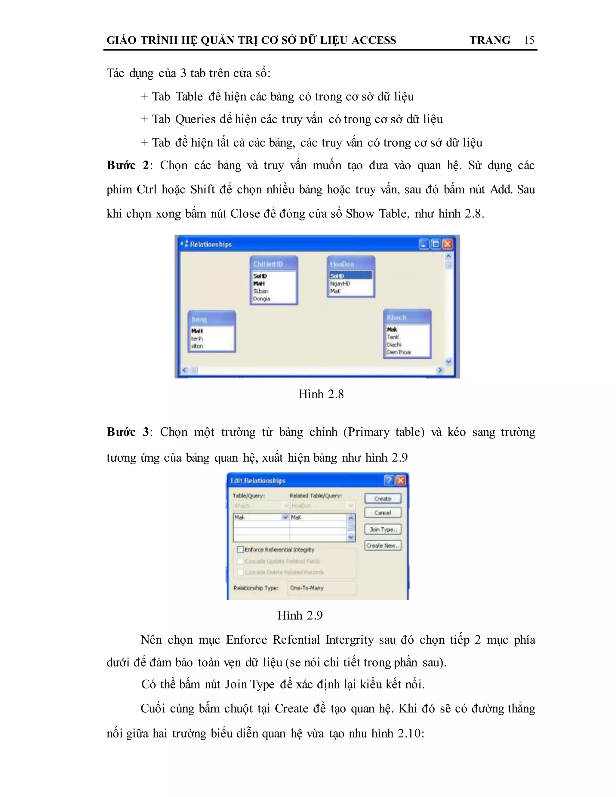 GIÁO TRÌNH HỆ QUẢN TRỊ CƠ SỞ DỮ LIỆU ACCESS TRANG 15
Tác dụng của 3 tab trên cửa sổ:
+ Tab Table để hiện các bảng có trong cơ sở dữ liệu
+ Tab Queries để hiện các truy vấn có trong cơ sở dữ liệu
+ Tab để hiện tất cả các bảng, các truy vấn có trong cơ sở dữ liệu
Bước 2: Chọn các bảng và truy vấn muốn tạo đưa vào quan hệ. Sử dụng các
phím Ctrl hoặc Shift để chọn nhiều bảng hoặc truy vấn, sau đó bấm nút Add. Sau
khi chọn xong bấm nút Close để đóng cửa sổ Show Table, như hình 2.8.
Hình 2.8
Bước 3: Chọn một trường từ bảng chính (Primary table) và kéo sang trường
tương ứng của bảng quan hệ, xuất hiện bảng như hình 2.9
Hình 2.9
Nên chọn mục Enforce Refential Intergrity sau đó chọn tiếp 2 mục phía
dưới để đảm bảo toàn vẹn dữ liệu (se nói chi tiết trong phần sau).
Có thể bấm nút Join Type để xác định lại kiểu kết nối.
Cuối cùng bấm chuột tại Create để tạo quan hệ. Khi đó sẽ có đường thẳng
nối giữa hai trường biểu diễn quan hệ vừa tạo nhu hình 2.10:
 