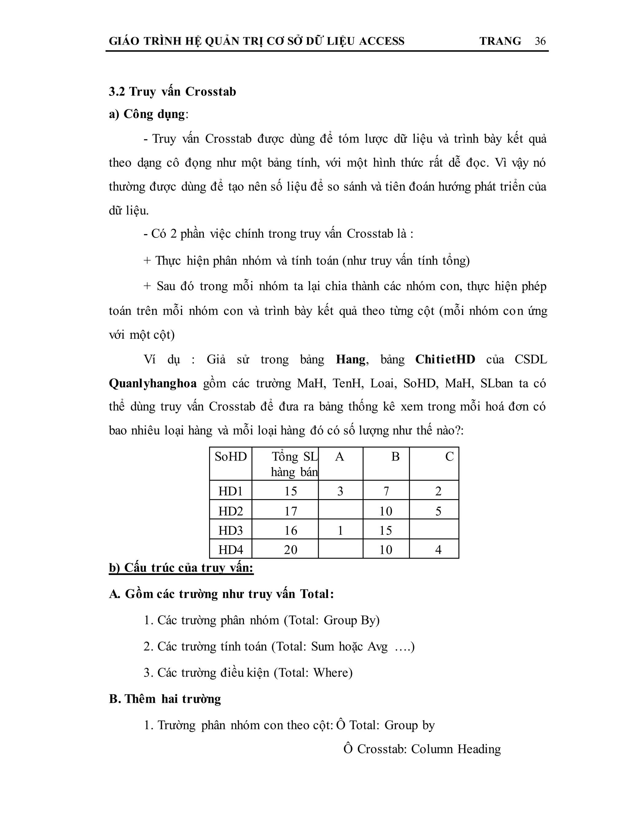 GIÁO TRÌNH HỆ QUẢN TRỊ CƠ SỞ DỮ LIỆU ACCESS TRANG 36
3.2 Truy vấn Crosstab
a) Công dụng:
- Truy vấn Crosstab được dùng để tóm lược dữ liệu và trình bày kết quả
theo dạng cô đọng như một bảng tính, với một hình thức rất dễ đọc. Vì vậy nó
thường được dùng để tạo nên số liệu để so sánh và tiên đoán hướng phát triển của
dữ liệu.
- Có 2 phần việc chính trong truy vấn Crosstab là :
+ Thực hiện phân nhóm và tính toán (như truy vấn tính tổng)
+ Sau đó trong mỗi nhóm ta lại chia thành các nhóm con, thực hiện phép
toán trên mỗi nhóm con và trình bày kết quả theo từng cột (mỗi nhóm con ứng
với một cột)
Ví dụ : Giả sử trong bảng Hang, bảng ChitietHD của CSDL
Quanlyhanghoa gồm các trường MaH, TenH, Loai, SoHD, MaH, SLban ta có
thể dùng truy vấn Crosstab để đưa ra bảng thống kê xem trong mỗi hoá đơn có
bao nhiêu loại hàng và mỗi loại hàng đó có số lượng như thế nào?:
SoHD Tổng SL A B C
hàng bán
HD1 15 3 7 2
HD2 17 10 5
HD3 16 1 15
HD4 20 10 4
b) Cấu trúc của truy vấn:
A. Gồm các trường như truy vấn Total:
1. Các trường phân nhóm (Total: Group By)
2. Các trường tính toán (Total: Sum hoặc Avg ….)
3. Các trường điều kiện (Total: Where)
B. Thêm hai trường
1. Trường phân nhóm con theo cột: Ô Total: Group by
Ô Crosstab: Column Heading
 