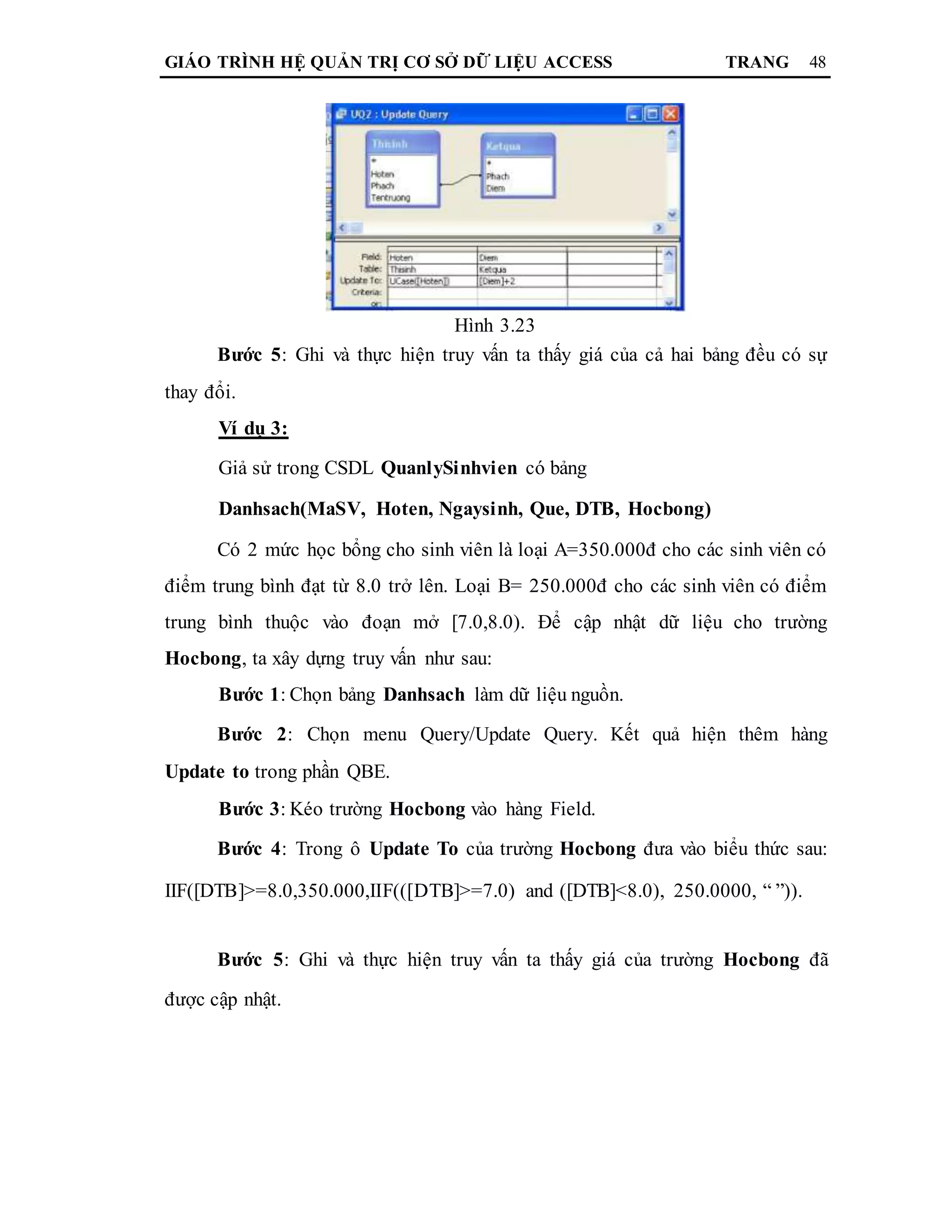 GIÁO TRÌNH HỆ QUẢN TRỊ CƠ SỞ DỮ LIỆU ACCESS TRANG 48
Hình 3.23
Bước 5: Ghi và thực hiện truy vấn ta thấy giá của cả hai bảng đều có sự
thay đổi.
Ví dụ 3:
Giả sử trong CSDL QuanlySinhvien có bảng
Danhsach(MaSV, Hoten, Ngaysinh, Que, DTB, Hocbong)
Có 2 mức học bổng cho sinh viên là loại A=350.000đ cho các sinh viên có
điểm trung bình đạt từ 8.0 trở lên. Loại B= 250.000đ cho các sinh viên có điểm
trung bình thuộc vào đoạn mở [7.0,8.0). Để cập nhật dữ liệu cho trường
Hocbong, ta xây dựng truy vấn như sau:
Bước 1: Chọn bảng Danhsach làm dữ liệu nguồn.
Bước 2: Chọn menu Query/Update Query. Kết quả hiện thêm hàng
Update to trong phần QBE.
Bước 3: Kéo trường Hocbong vào hàng Field.
Bước 4: Trong ô Update To của trường Hocbong đưa vào biểu thức sau:
IIF([DTB]>=8.0,350.000,IIF(([DTB]>=7.0) and ([DTB]<8.0), 250.0000, “ ”)).
Bước 5: Ghi và thực hiện truy vấn ta thấy giá của trường Hocbong đã
được cập nhật.
 