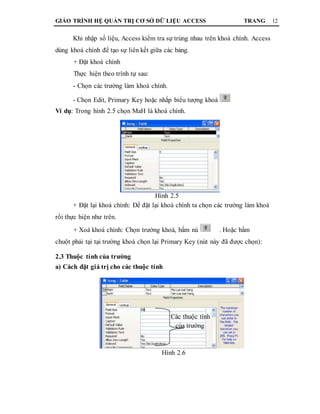 GIÁO TRÌNH HỆ QUẢN TRỊ CƠ SỞ DỮ LIỆU ACCESS TRANG 12
Khi nhập số liệu, Access kiểm tra sự trùng nhau trên khoá chính. Access
dùng khoá chính để tạo sự liên kết giữa các bảng.
+ Đặt khoá chính
Thực hiện theo trình tự sau:
- Chọn các trường làm khoá chính.
- Chọn Edit, Primary Key hoặc nhắp biểu tượng khoá
Ví dụ: Trong hình 2.5 chọn MaH là khoá chính.
Hình 2.5
+ Đặt lại khoá chính: Để đặt lại khoá chính ta chọn các trường làm khoá
rồi thực hiện như trên.
+ Xoá khoá chính: Chọn trường khoá, bấm nú . Hoặc bấm
chuột phải tại tại trường khoá chọn lại Primary Key (nút này đã được chọn):
2.3 Thuộc tính của trường
a) Cách đặt giá trị cho các thuộc tính
Các thuộc tính
của trường
Hình 2.6
 