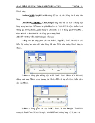 GIÁO TRÌNH HỆ QUẢN TRỊ CƠ SỞ DỮ LIỆU ACCESS TRANG 32
khách hàng.
HoaDon(SoHD,NgayHD,MaK) dùng để lưu trữ các thông tin về việc bán
hàng.
ChitietHD(SoHD,MaH,SLban,Dongia)dùng lưu trữ chi tiết về từng mặt
hàng trong hoá đơn. Mối quan hệ giữa HoaDon và ChitietHD là một - nhiều (1-n)
thông qua trường SoHD, giữa Hang và ChitietHD là 1-n thông qua trường MaH.
Giữa Khach và HoaDon là 1-n thông qua trường MaK
Hãy viết các truy vấn trả lời các yêu cầu sau:
1) Hãy đưa ra bảng gồm các cột SoHD, NgayHD, TenK, Diachi và chỉ
hiển thị những hoá đơn viết vào tháng 03 năm 2006 của những khách hàng ở
Hanoi.
2) Đưa ra bảng gồm những cột MaH, TenH, Loai, SLton. Chỉ hiển thị
những mặt hàng SLton trong khoảng từ 50 đến 100, và sắp xếp theo chiều giảm
dần của SLton.
3) Đưa ra bảng gồm các cột SoHD, TenH, SLban, Dongia, ThanhTien
trong đó ThanhTien=SLban*Dongia, và chỉ hiển thị những hàng có SLban>10
 