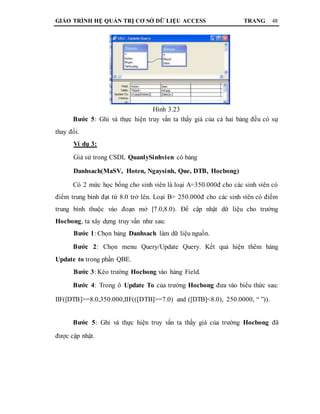 GIÁO TRÌNH HỆ QUẢN TRỊ CƠ SỞ DỮ LIỆU ACCESS TRANG 48
Hình 3.23
Bước 5: Ghi và thực hiện truy vấn ta thấy giá của cả hai bảng đều có sự
thay đổi.
Ví dụ 3:
Giả sử trong CSDL QuanlySinhvien có bảng
Danhsach(MaSV, Hoten, Ngaysinh, Que, DTB, Hocbong)
Có 2 mức học bổng cho sinh viên là loại A=350.000đ cho các sinh viên có
điểm trung bình đạt từ 8.0 trở lên. Loại B= 250.000đ cho các sinh viên có điểm
trung bình thuộc vào đoạn mở [7.0,8.0). Để cập nhật dữ liệu cho trường
Hocbong, ta xây dựng truy vấn như sau:
Bước 1: Chọn bảng Danhsach làm dữ liệu nguồn.
Bước 2: Chọn menu Query/Update Query. Kết quả hiện thêm hàng
Update to trong phần QBE.
Bước 3: Kéo trường Hocbong vào hàng Field.
Bước 4: Trong ô Update To của trường Hocbong đưa vào biểu thức sau:
IIF([DTB]>=8.0,350.000,IIF(([DTB]>=7.0) and ([DTB]<8.0), 250.0000, “ ”)).
Bước 5: Ghi và thực hiện truy vấn ta thấy giá của trường Hocbong đã
được cập nhật.
 