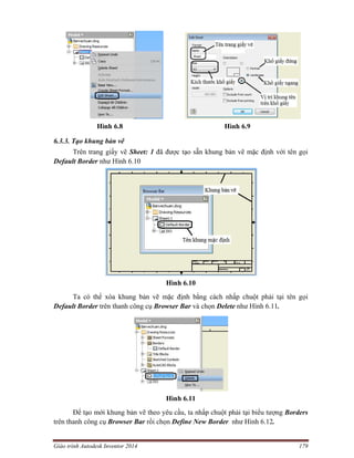Giáo trình Autodesk Inventor 2014 179
Hình 6.8 Hình 6.9
6.3.3. Tạo khung bản vẽ
Trên trang giấy vẽ Sheet: 1 đã được tạo sẵn khung bản vẽ mặc định với tên gọi
Default Border như Hình 6.10
Hình 6.10
Ta có thể xóa khung bản vẽ mặc định bằng cách nhấp chuột phải tại tên gọi
Default Border trên thanh công cụ Browser Bar và chọn Delete như Hình 6.11.
Hình 6.11
Để tạo mới khung bản vẽ theo yêu cầu, ta nhấp chuột phải tại biểu tượng Borders
trên thanh công cụ Browser Bar rồi chọn Define New Border như Hình 6.12.
 