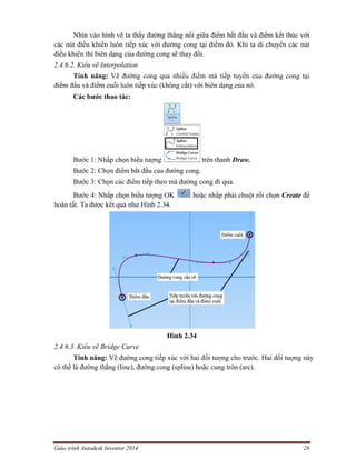 Giáo trình Autodesk Inventor 2014 26
Nhìn vào hình vẽ ta thấy đường thẳng nối giữa điểm bắt đầu và điểm kết thúc với
các nút điều khiển luôn tiếp xúc với đường cong tại điểm đó. Khi ta di chuyển các nút
điều khiển thì biên dạng của đường cong sẽ thay đổi.
2.4.6.2. Kiểu vẽ Interpolation
Tính năng: Vẽ đường cong qua nhiều điểm mà tiếp tuyến của đường cong tại
điểm đầu và điểm cuối luôn tiếp xúc (không cắt) với biên dạng của nó.
Các bước thao tác:
Bước 1: Nhấp chọn biểu tượng trên thanh Draw.
Bước 2: Chọn điểm bắt đầu của đường cong.
Bước 3: Chọn các điểm tiếp theo mà đường cong đi qua.
Bước 4: Nhấp chọn biểu tượng OK hoặc nhấp phải chuột rồi chọn Create để
hoàn tất. Ta được kết quả như Hình 2.34.
Hình 2.34
2.4.6.3. Kiểu vẽ Bridge Curve
Tính năng: Vẽ đường cong tiếp xúc với hai đối tượng cho trước. Hai đối tượng này
có thể là đường thẳng (line), đường cong (spline) hoặc cung tròn (arc).
 