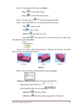 Giáo trình Autodesk Inventor 2014 70
Bước 2: Chọn dạng tạo hình trong mục Output:
- Dạng 1 : Tạo khối đặc (Solid). .
- Dạng 2 : Tạo mô hình mặt (Surface).
Bước 3: Sử dụng công cụ chọn biên dạng 2D cần đùn.
Bước 4: Chọn chế độ đùn (chỉ có trong dạng tạo khối đặc solid):
- Join : Cộng các solid.
- Cut : Trừ các solid.
- Intersect : Giao giữa các solid.
- New solid : Tạo solid mới (Lúc này trên chi tiết sẽ có 2 khối solid
khác nhau trong môi trường Part).
Giả sử ta có 2 khối: 1 khối hộp chữ nhật và 1 khối trụ, sau khi chọn các chế độ
đùn, ta sẽ được các kết quả như Hình 3.5.
a) Cộng b) Trừ c) Giao
Hình 3.5
Bước 5: Chọn cách thức giới hạn khối đùn trong mục Extents:
* Distance : Đùn với khoảng cách nhất định.
- Nhập khoảng cách cần đùn vào ô
- Chọn hướng đùn trên các biểu tượng
+ Direction 1 : Đùn theo hướng 1.
+ Direction 2 : Đùn theo hướng 2 ngược chiều với hướng 1.
 