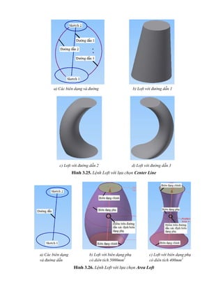 Hình 3.25. Lệnh Loft với lựa chọn Center Line
Hình 3.26. Lệnh Loft với lựa chọn Area Loft
a) Các biên dạng và đường
dẫn
b) Loft với đường dẫn 1
c) Loft với đường dẫn 2 d) Loft với đường dẫn 3
a) Các biên dạng
và đường dẫn
b) Loft với biên dạng phụ
có diện tích 5000mm2
c) Loft với biên dạng phụ
có diện tích 400mm2
 