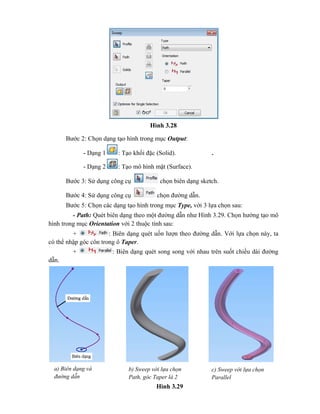 Hình 3.28
Bước 2: Chọn dạng tạo hình trong mục Output:
- Dạng 1 : Tạo khối đặc (Solid). .
- Dạng 2 : Tạo mô hình mặt (Surface).
Bước 3: Sử dụng công cụ chọn biên dạng sketch.
Bước 4: Sử dụng công cụ chọn đường dẫn.
Bước 5: Chọn các dạng tạo hình trong mục Type, với 3 lựa chọn sau:
- Path: Quét biên dạng theo một đường dẫn như Hình 3.29. Chọn hướng tạo mô
hình trong mục Orientation với 2 thuộc tính sau:
+ : Biên dạng quét uốn lượn theo đường dẫn. Với lựa chọn này, ta
có thể nhập góc côn trong ô Taper.
+ : Biên dạng quét song song với nhau trên suốt chiều dài đường
dẫn.
b) Sweep với lựa chọn
Path, góc Taper là 2
a) Biên dạng và
đường dẫn
c) Sweep với lựa chọn
Parallel
Hình 3.29
 