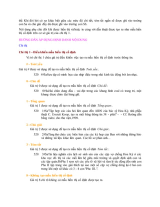 thể. Khi đòi hỏi có sự khác biệt giữa các mức độ chi tiết, tóm tắt ngắn sẽ được ghi vào trường
con $a và chú giải đầy đủ được ghi vào trường con $b.
Nội dung phụ chú đôi khi được hiển thị và/hoặc in cùng với dẫn thuật được tạo ra như mẫu hiển
thị cố định trên cơ sở giá trị của chỉ thị 1.
HƯỚNG DẪN ÁP DỤNG ĐỊNH DANH NỘI DUNG
Chỉ thị
Chỉ thị 1 - Điều khiển mẫu hiển thị cố định
Vị trí chỉ thị 1 chứa giá trị điều khiển việc tạo ra mẫu hiển thị cố định trước thông tin.
# - Toát yếu
Giá trị # được sử dụng để tạo ra mẫu hiển thị cố định Toát yếu:.
520 ##$aSưu tập có minh họa của nhịp điệu trong nhà kính tác động bởi âm nhạc.
0 - Chủ đề
Giá trị 0 được sử dụng để tạo ra mẫu hiển thị cố định Chủ đề:.
520 0#$aHai chân dung đầu - vai đặt trong các khung hình oval có trang trí, một
khung được chim đại bàng giữ.
1 - Tổng quan
Giá trị 1 được sử dụng để tạo ra mẫu hiển thị cố định Tổng quan:.
520 1#$a"Tập hợp các câu hỏi liên quan đến AIDS của bác sỹ Hoa Kỳ, nhà phẫu
thuật C. Everett Koop, tạo ra một băng thông tin 38 - phút" - - Cf. Hướng dẫn
bằng video cho thư viện,1990.
2 - Chú giải
Giá trị 2 được sử dụng để tạo ra mẫu hiển thị cố định Chú giải:.
520 2#$aTùng thư chứa các biên bản của các kỳ họp của Ban với những thông báo
và những tài liệu khác liên quan. Các hồ sơ phản ảnh…
3 - Tóm tắt
Giá trị 3 được sử dụng để tạo ra mẫu hiển thị cố định Tóm tắt:.
520 3#$aTài liệu nghiên cứu lịch sử sinh sản của các cặp vợ chồng Hoa Kỳ ở các
khu vực đô thị và các mối liên hệ giữa môi trường và quyết định sinh con và
các tập quán.$bPha I xem xét các yếu tố xã hội và tâm lý tác động đến sinh con
Pha II tập trung vào giải thích tại sao một số cặp vợ chồng dừng lại ở hai con
trong khi một số khác có 3 - 4 con "Pha III..".
8 - Không tạo mẫu hiển thị cố định
Giá trị 8 chỉ rõ không có mẫu hiển thị cố định được tạo ra.
 