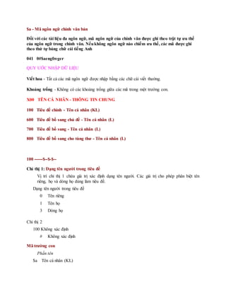 $a - Mã ngôn ngữ chính văn bản
Đối với các tài liệu đa ngôn ngữ, mã ngôn ngữ của chính văn được ghi theo trật tự ưu thế
của ngôn ngữ trong chính văn. Nếukhông ngôn ngữ nào chiếm ưu thế, các mã được ghi
theo thứ tự bảng chữ cái tiếng Anh
041 0#$aengfreger
QUY ƯỚC NHẬP DỮ LIỆU
Viết hoa - Tất cả các mã ngôn ngữ được nhập bằng các chữ cái viết thường.
Khoảng trống - Không có các khoảng trống giữa các mã trong một trường con.
X00 TÊN CÁ NHÂN - THÔNG TIN CHUNG
100 Tiêu đề chính - Tên cá nhân (KL)
600 Tiêu đề bổ sung chủ đề - Tên cá nhân (L)
700 Tiêu đề bổ sung - Tên cá nhân (L)
800 Tiêu đề bổ sung cho tùng thư - Tên cá nhân (L)
100 ------$--$-$--
Chỉ thị 1: Dạng tên người trong tiêu đề
Vị trí chỉ thị 1 chứa giá trị xác định dạng tên người. Các giá trị cho phép phân biệt tên
riêng, họ và dòng họ dùng làm tiêu đề.
Dạng tên người trong tiêu đề
0 Tên riêng
1 Tên họ
3 Dòng họ
Chỉ thị 2
100 Không xác định
# Không xác định
Mã trường con
Phần tên
$a Tên cá nhân (KL)
 