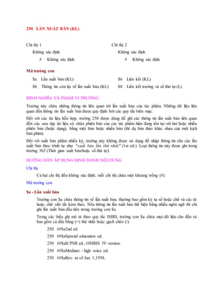 250 LẦN XUẤT BẢN (KL)
Chỉ thị 1
Không xác định
# Không xác định
Chỉ thị 2
Không xác định
# Không xác định
Mã trường con
$a Lần xuất bản (KL)
$b Thông tin còn lại về lần xuất bản (KL)
$6 Liên kết (KL)
$8 Liên kết trường và số thứ tự (L)
ĐỊNH NGHĨA VÀ PHẠM VI TRƯỜNG
Trường này chứa những thông tin liên quan tới lần xuất bản của tác phẩm. Những dữ liệu liên
quan đến thông tin lần xuất bản được quy định bởi các quy tắc biên mục.
Đối với các tài liệu hỗn hợp, trường 250 được dùng để ghi các thông tin lần xuất bản liên quan
đến các sưu tập tài liệu có chứa phiên bản của các tác phẩm hiện đang tồn tại với hai hoặc nhiều
phiên bản (hoặc dạng), bằng một bản hoặc nhiều bản (thí dụ bản thảo khác nhau của một kịch
bản phim).
Đối với xuất bản phẩm nhiều kỳ, trường này không được sử dụng để nhập thông tin cho các lần
xuất bản theo trình tự như "xuất bản lần thứ nhất" (1st ed.). Loại thông tin này được ghi trong
trường 362 (Thời gian xuất bản/hoặc số thứ tự).
HƯỚNG DẪN ÁP DỤNG ĐỊNH DANH NỘI DUNG
Chỉ thị
Cả hai chỉ thị đều không xác định; mỗi chỉ thị chứa một khoảng trống (#).
Mã trường con
$a - Lần xuất bản
Trường con $a chứa thông tin về lần xuất bản, thường bao gồm ký tự số hoặc chữ và các từ
hoặc chữ viết tắt kèm theo. Nếu thông tin lần xuất bản thể hiện bằng nhiều ngôn ngữ thì chỉ
ghi lần xuất bản đầu tiên trong trường con $a.
Trong các biểu ghi mô tả theo quy tắc ISBD, trường con $a chứa mọi dữ liệu cho đến và
bao gồm cả dấu bằng (=) thứ nhất hoặc gạch chéo (/).
250 ##$a2nd ed.
250 ##$aSpecial education ed.
250 ##$aICPSR ed., OSIRIS IV version.
250 ##$aMedium - high voice ed.
250 ##$aRev. as of Jan. 1,1958.
 