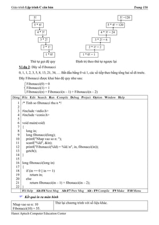 Giáo trình Lập trình C căn bản                                                                        Trang 116


                  5!                                                                        5! =120

                  5 * 4!                                                           5 * 4! = 120

                       4 * 3!                                             4 * 3! = 24

                         3 * 2!                                       3 * 2! = 6

                           2 * 1!                                2 * 1! = 2

                                1 * 0!                       1 * 0! = 1

              Thứ tự gọi đệ quy                         Định trị theo thứ tự ngược lại
     Ví dụ 2: Dãy số Fibonacci
     0, 1, 1, 2, 3, 5, 8, 13, 21, 34, … Bắt đầu bằng 0 và 1, các số tiếp theo bằng tổng hai số đi trước.
     Dãy Fibonacci được khai báo đệ quy như sau:
           Fibonacci(0) = 0
           Fibonacci(1) = 1
           Fibonacci(n) = Fibonacci(n – 1) + Fibonacci(n – 2)
Dòng File Edit Search Run Compile Debug Project Option Window Help
    1   /* Tinh so fibonacci thu n */
    2
    3   #include <stdio.h>
    4   #include <conio.h>
    5
    6   void main(void)
    7   {
    8     long in;
    9     long fibonacci(long);
   10     printf("Nhap vao so n: ");
   11     scanf("%ld", &in);
   12     printf("Fibonacci(%ld) = %ld.n", in, fibonacci(in));
   13     getch();
   14   }
   15
   16   long fibonacci(long in)
   17   {
   18      if (in == 0 || in == 1)
   19          return in;
   20      else
   21          return fibonacci(in – 1) + fibonacci(in – 2);
   22   }
        F1 Help    Alt-F8 Next Msg           Alt-F7 Prev Msg    Alt - F9 Compile      F9 Make     F10 Menu
         Kết quả in ra màn hình

 Nhap vao so n: 10                       Thử lại chương trình với số liệu khác.
 Fibonacci(10) = 55.
Hanoi Aptech Computer Education Center
 