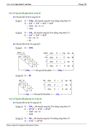 Giáo trình Lập trình C căn bản                                                                                          Trang 126



  14.3.2 Chuyển đổi giữa hệ 8 và hệ 10
          Chuyển đổi từ hệ 8 sang hệ 10
          Ví dụ 7:       X = 21068 , để chuyển sang hệ 10 ta dùng công thức (*)
                         X = 2*83 + 1*82 + 0*81 + 6*80
                           = 1024 + 64 + 0 + 6
                           = 1094

          Ví dụ 8:       X = 1308 , để chuyển sang hệ 10 ta dùng công thức (*)
                         X = 1*82 + 3*81 + 0*80
                           = 64 + 24 + 0
                           = 88
          Chuyển đổi từ hệ 10 sang hệ 8
          Ví dụ 9:       X = 1094

            1094     8                                  1094         chia       8       = 136              dư       6
               6     136         8
                                                          136        chia       8       =        17        dư       0
                         0       17       8
                                                              17     chia       8       =         2        dư       1
                                 1        2    8
                                          2    0               2     chia       8       =         0        dư       2

                          21068                kết quả hệ bát phân                  21068

          Ví dụ 10: X = 88

               88    8                                  88         chia     8       =       11        dư        0
               0     11      8                          11         chia     8       =        1        dư        3
                     3       1        8
                                                          1        chia     8       =        0        dư        1
                             1        0
                          1308                kết quả hệ bát phân               1308

  14.3.3 Chuyển đổi giữa hệ 16 và hệ 10
          Chuyển đổi từ hệ 16 sang hệ 10
          Ví dụ 11: X = F4016 , để chuyển sang hệ 10 ta dùng công thức (*)
                    X = 15*162 + 4*161 + 0*160
                      = 3840 + 64 + 0
                      = 3904

          Ví dụ 12: X = 1D16 , để chuyển sang hệ 10 ta dùng công thức (*)
                    X = 1*161 + 13*160

Hanoi Aptech Computer Education Center
 