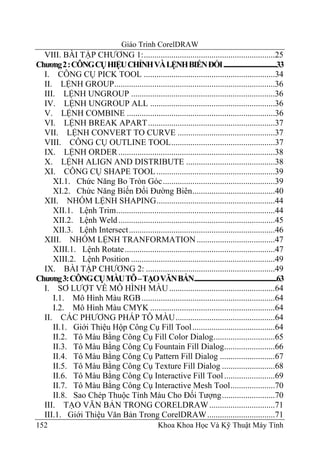 Giáo Trình CorelDRAW
  VIII. BÀI TẬP CHƯƠNG 1:..............................................................25
Chương 2 : CÔNG CỤ HIỆU CHỈNH VÀ LỆNH BIẾN ĐỔI......................................33
  I. CÔNG CỤ PICK TOOL ..............................................................34
  II. LỆNH GROUP............................................................................36
  III. LỆNH UNGROUP ....................................................................36
  IV. LỆNH UNGROUP ALL ...........................................................36
  V. LỆNH COMBINE ......................................................................36
  VI. LỆNH BREAK APART ............................................................37
  VII. LỆNH CONVERT TO CURVE ..............................................37
  VIII. CÔNG CỤ OUTLINE TOOL.................................................37
  IX. LỆNH ORDER ..........................................................................38
  X. LỆNH ALIGN AND DISTRIBUTE ..........................................38
  XI. CÔNG CỤ SHAPE TOOL ........................................................39
     XI.1. Chức Năng Bo Tròn Góc.....................................................39
     XI.2. Chức Năng Biến Đổi Đường Biên.......................................40
  XII. NHÓM LỆNH SHAPING........................................................44
     XII.1. Lệnh Trim...........................................................................44
     XII.2. Lệnh Weld ..........................................................................45
     XII.3. Lệnh Intersect .....................................................................46
  XIII. NHÓM LỆNH TRANFORMATION .....................................47
     XIII.1. Lệnh Rotate .......................................................................47
     XIII.2. Lệnh Position ....................................................................49
  IX. BÀI TẬP CHƯƠNG 2: .............................................................49
Chương 3: CÔNG CỤ MÀU TÔ – TẠO VĂN BẢN...........................................................63
  I. SƠ LƯỢT VỀ MÔ HÌNH MÀU ..................................................64
     I.1. Mô Hình Màu RGB ...............................................................64
     I.2. Mô Hình Màu CMYK ...........................................................64
  II. CÁC PHƯƠNG PHÁP TÔ MÀU...............................................64
     II.1. Giới Thiệu Hộp Công Cụ Fill Tool .......................................64
     II.2. Tô Màu Bằng Công Cụ Fill Color Dialog.............................65
     II.3. Tô Màu Bằng Công Cụ Fountain Fill Dialog........................66
     II.4. Tô Màu Bằng Công Cụ Pattern Fill Dialog ..........................67
     II.5. Tô Màu Bằng Công Cụ Texture Fill Dialog .........................68
     II.6. Tô Màu Bằng Công Cụ Interactive Fill Tool ........................69
     II.7. Tô Màu Bằng Công Cụ Interactive Mesh Tool.....................70
     II.8. Sao Chép Thuộc Tính Màu Cho Đối Tượng.........................70
  III. TẠO VĂN BẢN TRONG CORELDRAW ...............................71
  III.1. Giới Thiệu Văn Bản Trong CorelDRAW ................................71
152                                             Khoa Khoa Học Và Kỹ Thuật Máy Tính
 