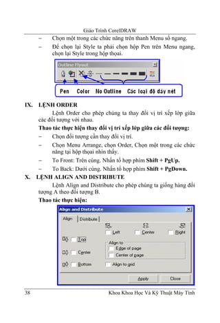 Giáo Trình CorelDRAW
     −    Chọn một trong các chức năng trên thanh Menu sổ ngang.
     −    Để chọn lại Style ta phải chọn hộp Pen trên Menu ngang,
          chọn lại Style trong hộp thọai.




IX. LỆNH ORDER
          Lệnh Order cho phép chúng ta thay đổi vị trí xếp lớp giữa
    các đối tượng với nhau.
    Thao tác thực hiện thay đổi vị trí xếp lớp giữa các đối tượng:
    −     Chọn đối tượng cần thay đổi vị trí.
    −     Chọn Menu Arrange, chọn Order, Chọn một trong các chức
          năng tại hộp thọai nhìn thấy.
    −     To Front: Trên cùng. Nhấn tổ hợp phím Shift + PgUp.
    −     To Back: Dưới cùng. Nhấn tổ hợp phím Shift + PgDown.
X. LỆNH ALIGN AND DISTRIBUTE
          Lệnh Align and Distribute cho phép chúng ta giống hàng đối
    tượng A theo đối tượng B.
    Thao tác thực hiện:




38                               Khoa Khoa Học Và Kỹ Thuật Máy Tính
 