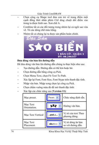 Giáo Trình CorelDRAW
     −    Chọn công cụ Shape tool đưa con trỏ về trung điểm một
          cạnh đồng thời nhấn phím Ctrl drag chuột dời điểm vào
          trong ta được hình sao. Xoá chữ A.
     −    Combine tất cả các đối tượng trong nhóm lại cả ngôi sao vừa
          vẽ. Tô các dòng chữ màu trắng.
     −    Nhóm tất cả chúng lại ta được sản phẩm hoàn chỉnh.




     Đưa dòng văn bản lên đường dẫn
     Để đưa dòng văn bản lên đường dẫn chúng ta thực hiện như sau:
     −    Tạo đường dẫn. Đường dẫn có thể kín hoặc hở.
     −    Chọn đường dẫn bằng công cụ Pick.
     −    Chọn Menu Text, chọn Fit Text To Path.
     −    Xác lập lại Font, Font Size, Font Stype trên thanh đặc tính.
     −    Nhập văn bản. Nhập xong chọn lại công cụ Pick.
     −    Chọn chấm vuông màu đỏ để mở thanh đặc tính:
     −    Xác lập các chức năng sau (Version 11):

           Mục preset.                           Chức năng định sẵn.

           Mục Text
                                                 Hướng văn bản.
           Orientation.

                                                 Vị trí của text Theo
           Mục Text Vertical
                                                 phương đứng.

           Mục Text                              Vị trí dòng ăn bản
           Placement.                            so với đường dẫn.

74                                 Khoa Khoa Học Và Kỹ Thuật Máy Tính
 