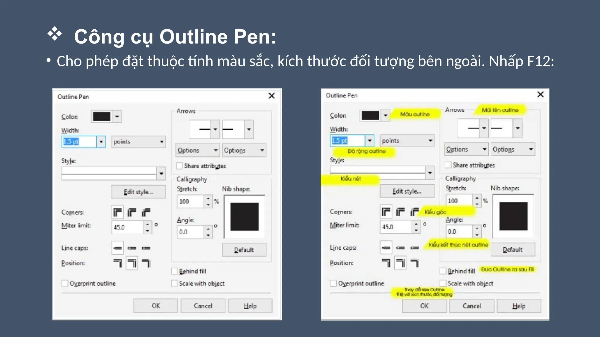  Công cụ Outline Pen:
• Cho phép đặt thuộc tính màu sắc, kích thước đối tượng bên ngoài. Nhấp F12:
 