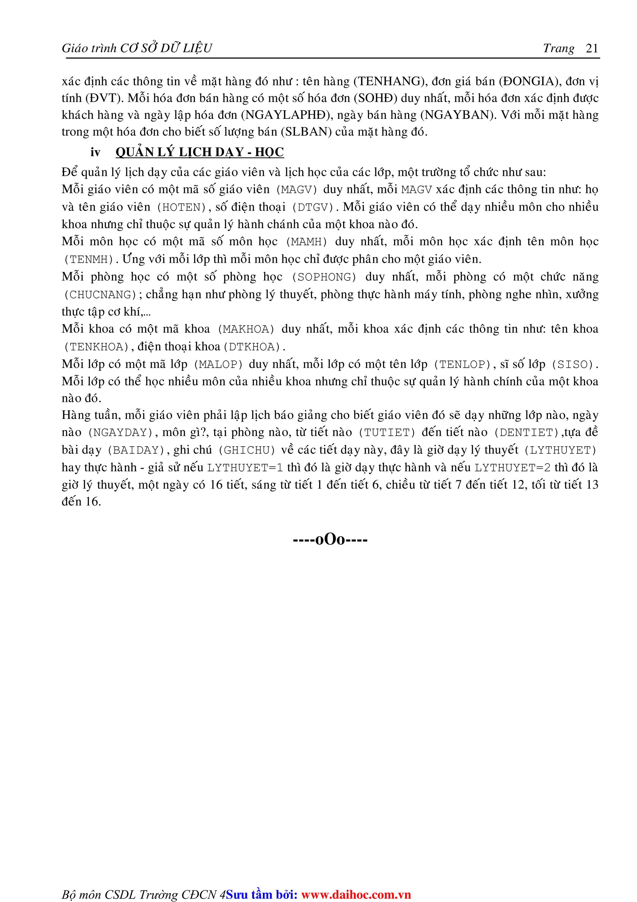 Giaùo trình CÔ SÔÛ DÖÕ LIEÄU Trang 
Bộ môn CSDL Trường CĐCN 4 
21 
xaùc ñònh caùc thoâng tin veà maët haøng ñoù nhö : teân haøng (TENHANG), ñôn giaù baùn (ÑONGIA), ñôn vò 
tính (ÑVT). Moãi hoùa ñôn baùn haøng coù moät soá hoùa ñôn (SOHÑ) duy nhaát, moãi hoùa ñôn xaùc ñònh ñöôïc 
khaùch haøng vaø ngaøy laäp hoùa ñôn (NGAYLAPHÑ), ngaøy baùn haøng (NGAYBAN). Vôùi moãi maët haøng 
trong moät hoùa ñôn cho bieát soá löôïng baùn (SLBAN) cuûa maët haøng ñoù. 
iv QUAÛN LYÙ LÒCH DAÏY - HOÏC 
Ñeå quaûn lyù lòch daïy cuûa caùc giaùo vieân vaø lòch hoïc cuûa caùc lôùp, moät tröôøng toå chöùc nhö sau: 
Moãi giaùo vieân coù moät maõ soá giaùo vieân (MAGV) duy nhaát, moãi MAGV xaùc ñònh caùc thoâng tin nhö: hoï 
vaø teân giaùo vieân (HOTEN), soá ñieän thoaïi (DTGV). Moãi giaùo vieân coù theå daïy nhieàu moân cho nhieàu 
khoa nhöng chæ thuoäc söï quaûn lyù haønh chaùnh cuûa moät khoa naøo ñoù. 
Moãi moân hoïc coù moät maõ soá moân hoïc (MAMH) duy nhaát, moãi moân hoïc xaùc ñònh teân moân hoïc 
(TENMH). Öùng vôùi moãi lôùp thì moãi moân hoïc chæ ñöôïc phaân cho moät giaùo vieân. 
Moãi phoøng hoïc coù moät soá phoøng hoïc (SOPHONG) duy nhaát, moãi phoøng coù moät chöùc naêng 
(CHUCNANG); chaúng haïn nhö phoøng lyù thuyeát, phoøng thöïc haønh maùy tính, phoøng nghe nhìn, xöôûng 
thöïc taäp cô khí,… 
Moãi khoa coù moät maõ khoa (MAKHOA) duy nhaát, moãi khoa xaùc ñònh caùc thoâng tin nhö: teân khoa 
(TENKHOA), ñieän thoaïi khoa(DTKHOA). 
Moãi lôùp coù moät maõ lôùp (MALOP) duy nhaát, moãi lôùp coù moät teân lôùp (TENLOP), só soá lôùp (SISO). 
Moãi lôùp coù theå hoïc nhieàu moân cuûa nhieàu khoa nhöng chæ thuoäc söï quaûn lyù haønh chính cuûa moät khoa 
naøo ñoù. 
Haøng tuaàn, moãi giaùo vieân phaûi laäp lòch baùo giaûng cho bieát giaùo vieân ñoù seõ daïy nhöõng lôùp naøo, ngaøy 
naøo (NGAYDAY), moân gì?, taïi phoøng naøo, töø tieát naøo (TUTIET) ñeán tieát naøo (DENTIET),töïa ñeà 
baøi daïy (BAIDAY), ghi chuù (GHICHU) veà caùc tieát daïy naøy, ñaây laø giôø daïy lyù thuyeát (LYTHUYET) 
hay thöïc haønh - giaû söû neáu LYTHUYET=1 thì ñoù laø giôø daïy thöïc haønh vaø neáu LYTHUYET=2 thì ñoù laø 
giôø lyù thuyeát, moät ngaøy coù 16 tieát, saùng töø tieát 1 ñeán tieát 6, chieàu töø tieát 7 ñeán tieát 12, toái töø tieát 13 
ñeán 16. 
----oOo---- 
Su tâm bi: www.daihoc.com.vn 
 