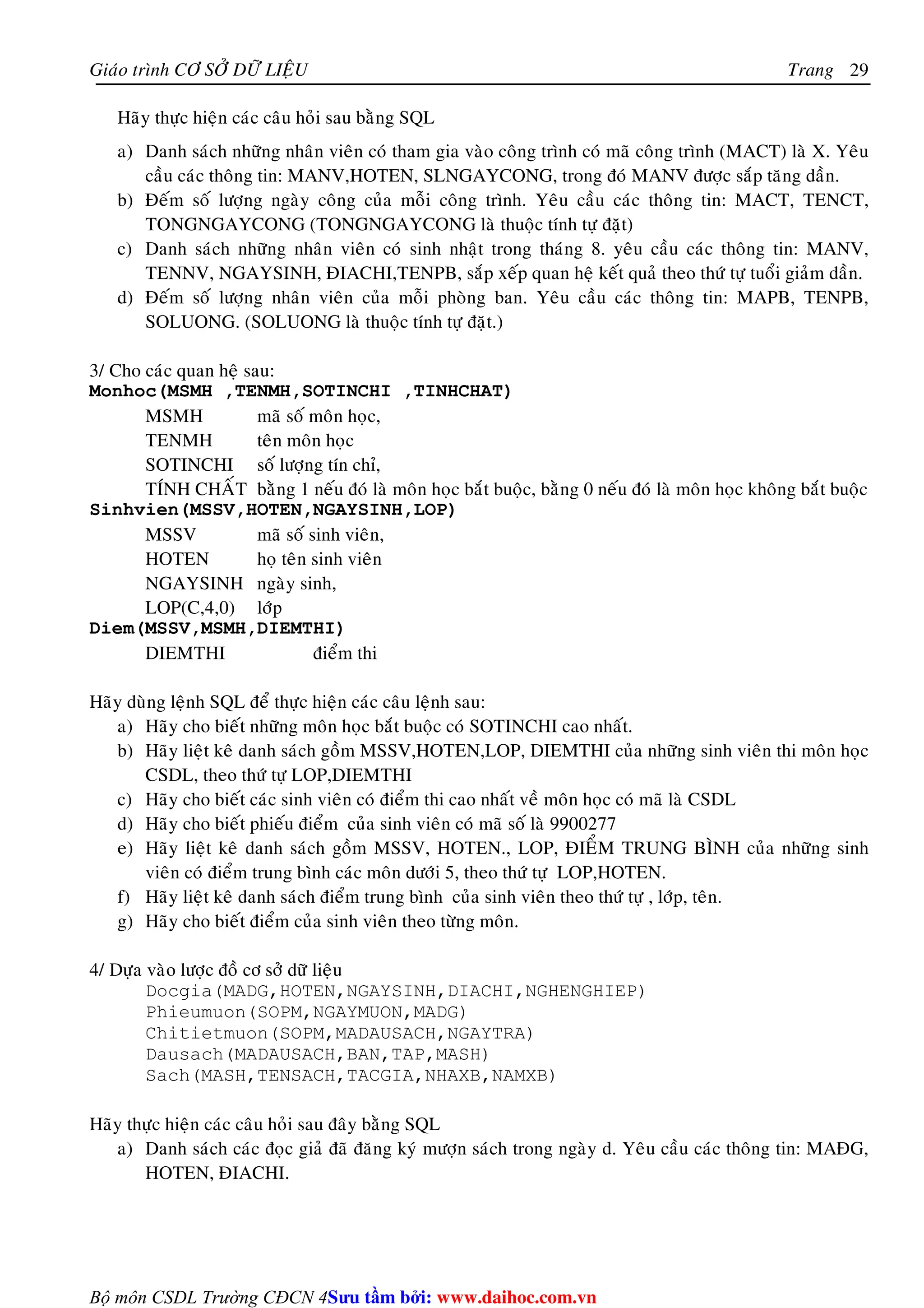 Giaùo trình CÔ SÔÛ DÖÕ LIEÄU Trang 
Bộ môn CSDL Trường CĐCN 4 
29 
Haõy thöïc hieän caùc caâu hoûi sau baèng SQL 
a) Danh saùch nhöõng nhaân vieân coù tham gia vaøo coâng trình coù maõ coâng trình (MACT) laø X. Yeâu 
caàu caùc thoâng tin: MANV,HOTEN, SLNGAYCONG, trong ñoù MANV ñöôïc saép taêng daàn. 
b) Ñeám soá löôïng ngaøy coâng cuûa moãi coâng trình. Yeâu caàu caùc thoâng tin: MACT, TENCT, 
TONGNGAYCONG (TONGNGAYCONG laø thuoäc tính töï ñaët) 
c) Danh saùch nhöõng nhaân vieân coù sinh nhaät trong thaùng 8. yeâu caàu caùc thoâng tin: MANV, 
TENNV, NGAYSINH, ÑIACHI,TENPB, saép xeáp quan heä keát quaû theo thöù töï tuoåi giaûm daàn. 
d) Ñeám soá löôïng nhaân vieân cuûa moãi phoøng ban. Yeâu caàu caùc thoâng tin: MAPB, TENPB, 
SOLUONG. (SOLUONG laø thuoäc tính töï ñaët.) 
3/ Cho caùc quan heä sau: 
Monhoc(MSMH ,TENMH,SOTINCHI ,TINHCHAT) 
MSMH maõ soá moân hoïc, 
TENMH teân moân hoïc 
SOTINCHI soá löôïng tín chæ, 
TÍNH CHAÁT baèng 1 neáu ñoù laø moân hoïc baét buoäc, baèng 0 neáu ñoù laø moân hoïc khoâng baét buoäc 
Sinhvien(MSSV,HOTEN,NGAYSINH,LOP) 
MSSV maõ soá sinh vieân, 
HOTEN hoï teân sinh vieân 
NGAYSINH ngaøy sinh, 
LOP(C,4,0) lôùp 
Diem(MSSV,MSMH,DIEMTHI) 
DIEMTHI ñieåm thi 
Haõy duøng leänh SQL ñeå thöïc hieän caùc caâu leänh sau: 
a) Haõy cho bieát nhöõng moân hoïc baét buoäc coù SOTINCHI cao nhaát. 
b) Haõy lieät keâ danh saùch goàm MSSV,HOTEN,LOP, DIEMTHI cuûa nhöõng sinh vieân thi moân hoïc 
CSDL, theo thöù töï LOP,DIEMTHI 
c) Haõy cho bieát caùc sinh vieân coù ñieåm thi cao nhaát veà moân hoïc coù maõ laø CSDL 
d) Haõy cho bieát phieáu ñieåm cuûa sinh vieân coù maõ soá laø 9900277 
e) Haõy lieät keâ danh saùch goàm MSSV, HOTEN., LOP, ÑIEÅM TRUNG BÌNH cuûa nhöõng sinh 
vieân coù ñieåm trung bình caùc moân döôùi 5, theo thöù töï LOP,HOTEN. 
f) Haõy lieät keâ danh saùch ñieåm trung bình cuûa sinh vieân theo thöù töï , lôùp, teân. 
g) Haõy cho bieát ñieåm cuûa sinh vieân theo töøng moân. 
4/ Döïa vaøo löôïc ñoà cô sôû döõ lieäu 
Docgia(MADG,HOTEN,NGAYSINH,DIACHI,NGHENGHIEP) 
Phieumuon(SOPM,NGAYMUON,MADG) 
Chitietmuon(SOPM,MADAUSACH,NGAYTRA) 
Dausach(MADAUSACH,BAN,TAP,MASH) 
Sach(MASH,TENSACH,TACGIA,NHAXB,NAMXB) 
Haõy thöïc hieän caùc caâu hoûi sau ñaây baèng SQL 
a) Danh saùch caùc ñoïc giaû ñaõ ñaêng kyù möôïn saùch trong ngaøy d. Yeâu caàu caùc thoâng tin: MAÑG, 
HOTEN, ÑIACHI. 
Su tâm bi: www.daihoc.com.vn 
 