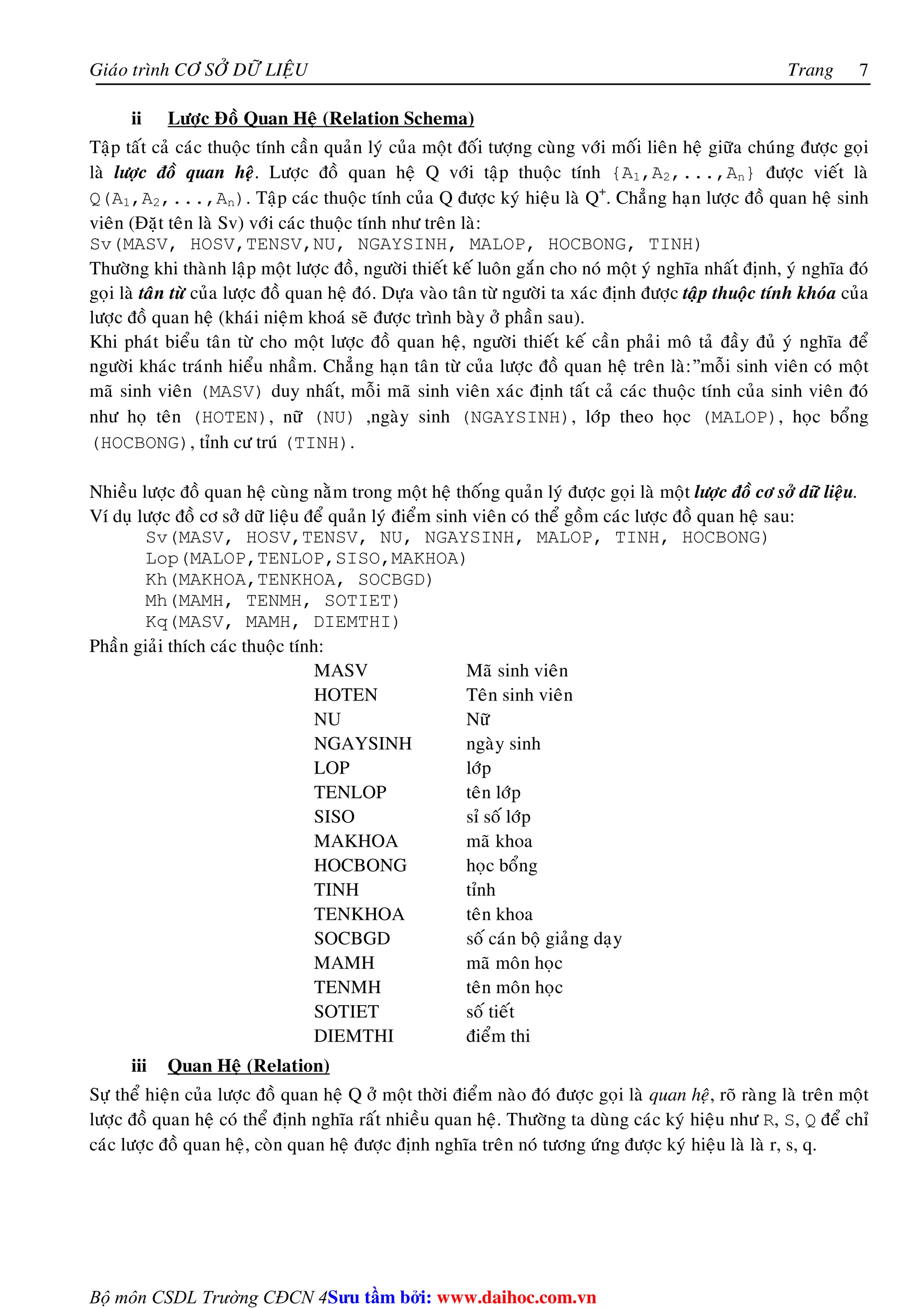 Giaùo trình CÔ SÔÛ DÖÕ LIEÄU Trang 
Bộ môn CSDL Trường CĐCN 4 
7 
ii Löôïc Ñoà Quan Heä (Relation Schema) 
Taäp taát caû caùc thuoäc tính caàn quaûn lyù cuûa moät ñoái töôïng cuøng vôùi moái lieân heä giöõa chuùng ñöôïc goïi 
laø löôïc ñoà quan heä. Löôïc ñoà quan heä Q vôùi taäp thuoäc tính {A1,A2,...,An} ñöôïc vieát laø 
Q(A1,A2,...,An). Taäp caùc thuoäc tính cuûa Q ñöôïc kyù hieäu laø Q+. Chaúng haïn löôïc ñoà quan heä sinh 
vieân (Ñaët teân laø Sv) vôùi caùc thuoäc tính nhö treân laø: 
Sv(MASV, HOSV,TENSV,NU, NGAYSINH, MALOP, HOCBONG, TINH) 
Thöôøng khi thaønh laäp moät löôïc ñoà, ngöôøi thieát keá luoân gaén cho noù moät yù nghóa nhaát ñònh, yù nghóa ñoù 
goïi laø taân töø cuûa löôïc ñoà quan heä ñoù. Döïa vaøo taân töø ngöôøi ta xaùc ñònh ñöôïc taäp thuoäc tính khoùa cuûa 
löôïc ñoà quan heä (khaùi nieäm khoaù seõ ñöôïc trình baøy ôû phaàn sau). 
Khi phaùt bieåu taân töø cho moät löôïc ñoà quan heä, ngöôøi thieát keá caàn phaûi moâ taû ñaày ñuû yù nghóa ñeå 
ngöôøi khaùc traùnh hieåu nhaàm. Chaúng haïn taân töø cuûa löôïc ñoà quan heä treân laø:”moãi sinh vieân coù moät 
maõ sinh vieân (MASV) duy nhaát, moãi maõ sinh vieân xaùc ñònh taát caû caùc thuoäc tính cuûa sinh vieân ñoù 
nhö hoï teân (HOTEN), nöõ (NU) ,ngaøy sinh (NGAYSINH), lôùp theo hoïc (MALOP), hoïc boång 
(HOCBONG), tænh cö truù (TINH). 
Nhieàu löôïc ñoà quan heä cuøng naèm trong moät heä thoáng quaûn lyù ñöôïc goïi laø moät löôïc ñoà cô sôû döõ lieäu. 
Ví duï löôïc ñoà cô sôû döõ lieäu ñeå quaûn lyù ñieåm sinh vieân coù theå goàm caùc löôïc ñoà quan heä sau: 
Sv(MASV, HOSV,TENSV, NU, NGAYSINH, MALOP, TINH, HOCBONG) 
Lop(MALOP,TENLOP,SISO,MAKHOA) 
Kh(MAKHOA,TENKHOA, SOCBGD) 
Mh(MAMH, TENMH, SOTIET) 
Kq(MASV, MAMH, DIEMTHI) 
Phaàn giaûi thích caùc thuoäc tính: 
MASV Maõ sinh vieân 
HOTEN Teân sinh vieân 
NU Nöõ 
NGAYSINH ngaøy sinh 
LOP lôùp 
TENLOP teân lôùp 
SISO sæ soá lôùp 
MAKHOA maõ khoa 
HOCBONG hoïc boång 
TINH tænh 
TENKHOA teân khoa 
SOCBGD soá caùn boä giaûng daïy 
MAMH maõ moân hoïc 
TENMH teân moân hoïc 
SOTIET soá tieát 
DIEMTHI ñieåm thi 
iii Quan Heä (Relation) 
Söï theå hieän cuûa löôïc ñoà quan heä Q ôû moät thôøi ñieåm naøo ñoù ñöôïc goïi laø quan heä, roõ raøng laø treân moät 
löôïc ñoà quan heä coù theå ñònh nghóa raát nhieàu quan heä. Thöôøng ta duøng caùc kyù hieäu nhö R, S, Q ñeå chæ 
caùc löôïc ñoà quan heä, coøn quan heä ñöôïc ñònh nghóa treân noù töông öùng ñöôïc kyù hieäu laø laø r, s, q. 
Su tâm bi: www.daihoc.com.vn 
 